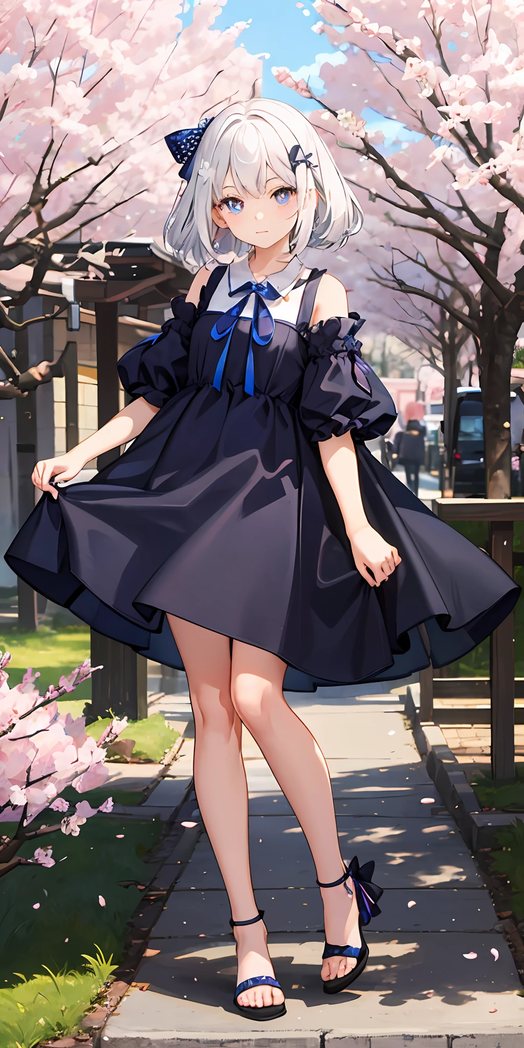 Soft and refreshing style - loli with white hair crystal shoes，Height 1.6，The purple pupils are slightly bluish，A navy blue dress，Z large full-body photo，Stand under the gentle cherry blossom tree