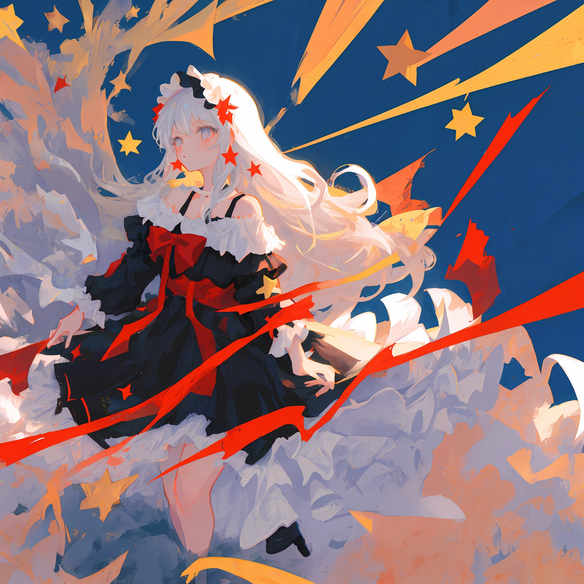 (masterpiece:1.2), (best quality:1.3), empyrean_psalms, 1girl, black_dress, frilled_dress, off-shoulder_dress, bare_shoulders, long_sleeves, star_(symbol), ta_fashion,