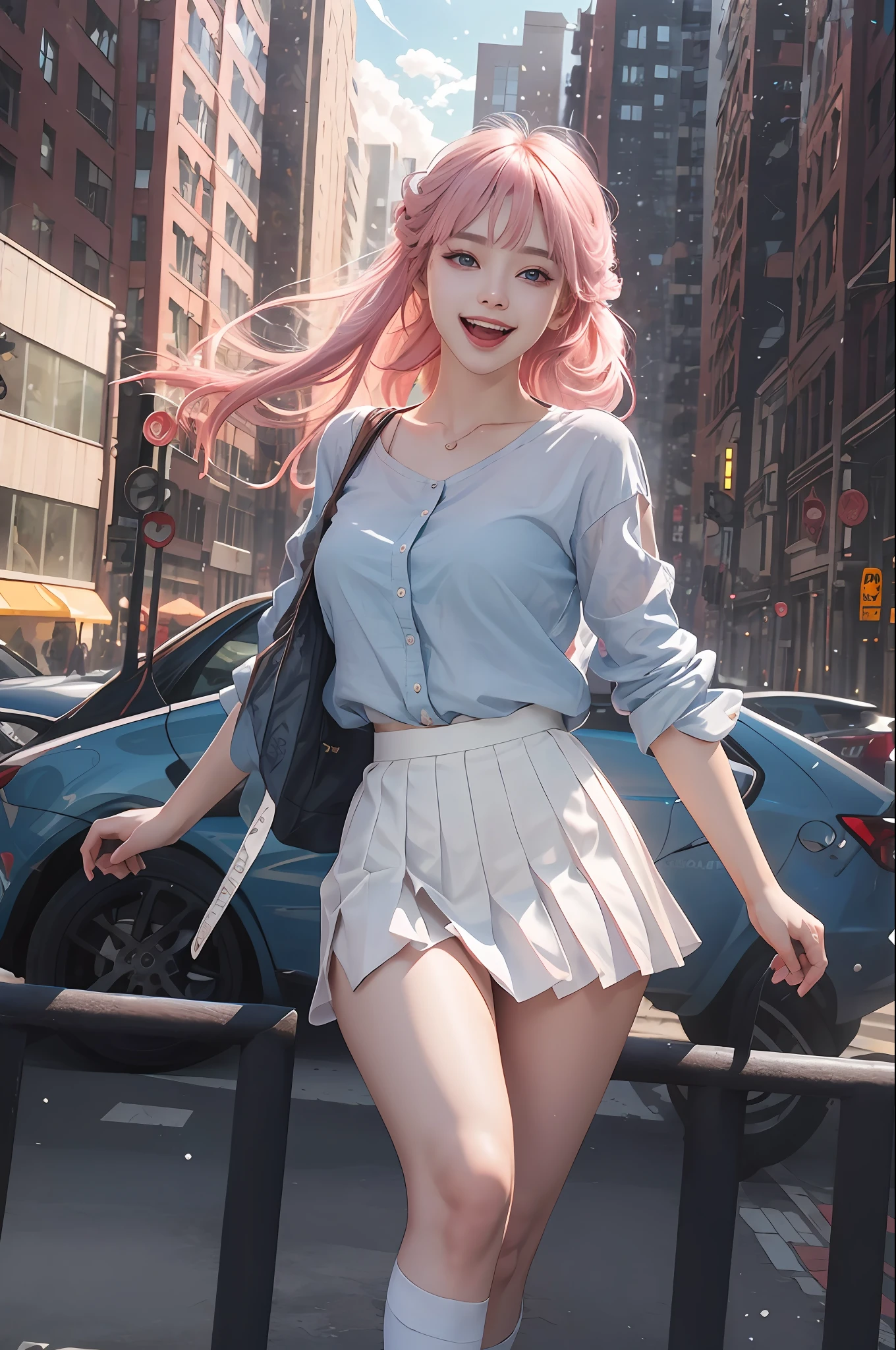 Official fine art，tmasterpiece，Sharp focus，（Beautiful and gorgeous Lee Ji Eun：1.3），Beautuful Women，Delicate and beautiful hair and eyes and face，realisticlying，ultra - detailed，a beauty girl，blue-sky，Glowing white particles,(side-lighting:1.2),rays of sunshine,baiyun,Detailed clouds,slender,Cute big breasts and big buttocks,Toothy laughter,((Laugh and open your eyes)),scenecy,Long straight hair, sexy facial expression, buliding, (Cityscape:1.7), Dynamic hair, Long straight hair, Delicate platinum-pink hair, glow blue eyes, (blue pleated shirt+white  skirt), Long white socks, paleskin, hair adornments, epic landscapes,