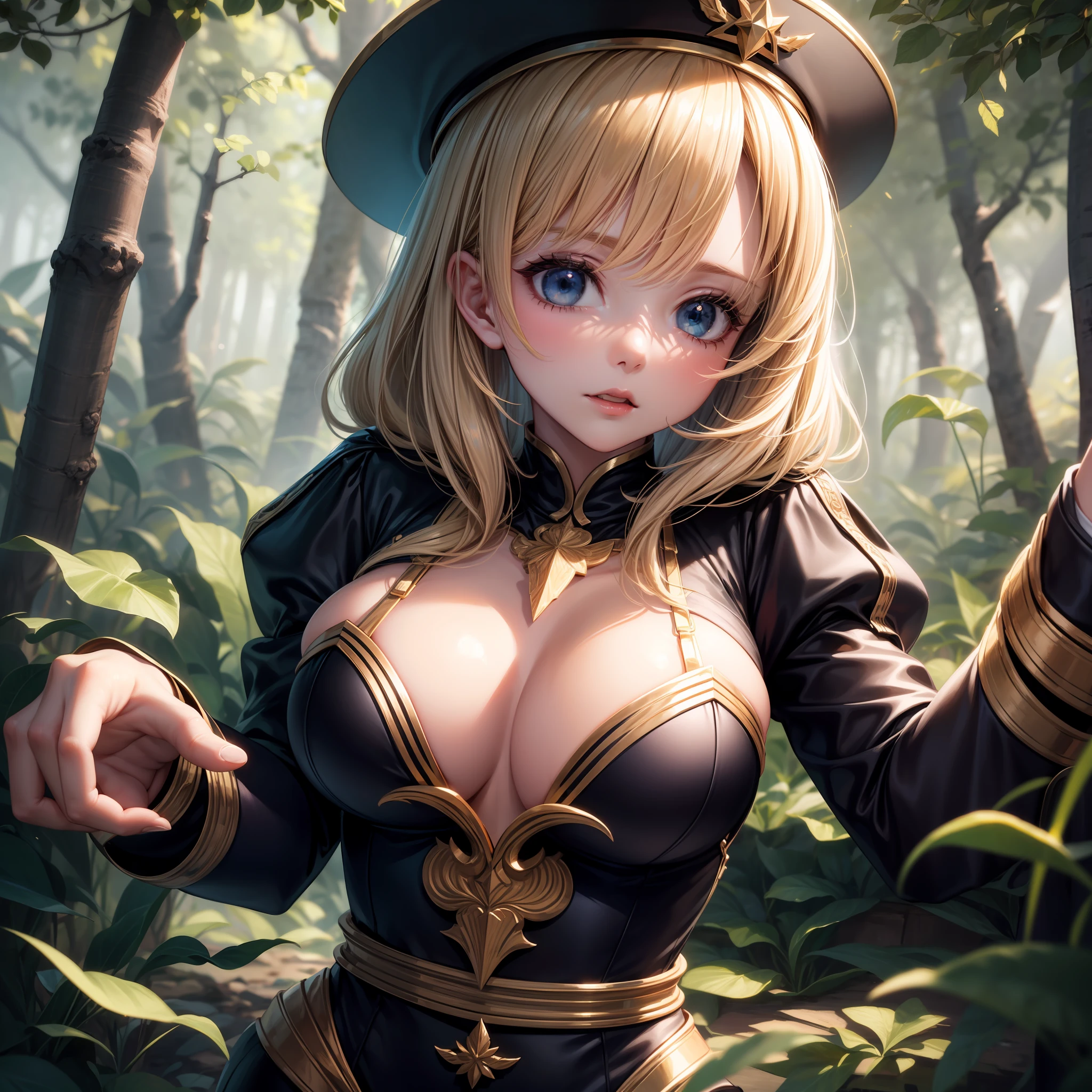 (Best Quality, 8k, 32k, Masterpiece, UHD: 1.2), Cute Russian Woman Picture, Very Large Breasts, Very Short Golden Bob Hair, Upper Body, (Suit, : 1.1), Background Forest, Look Around