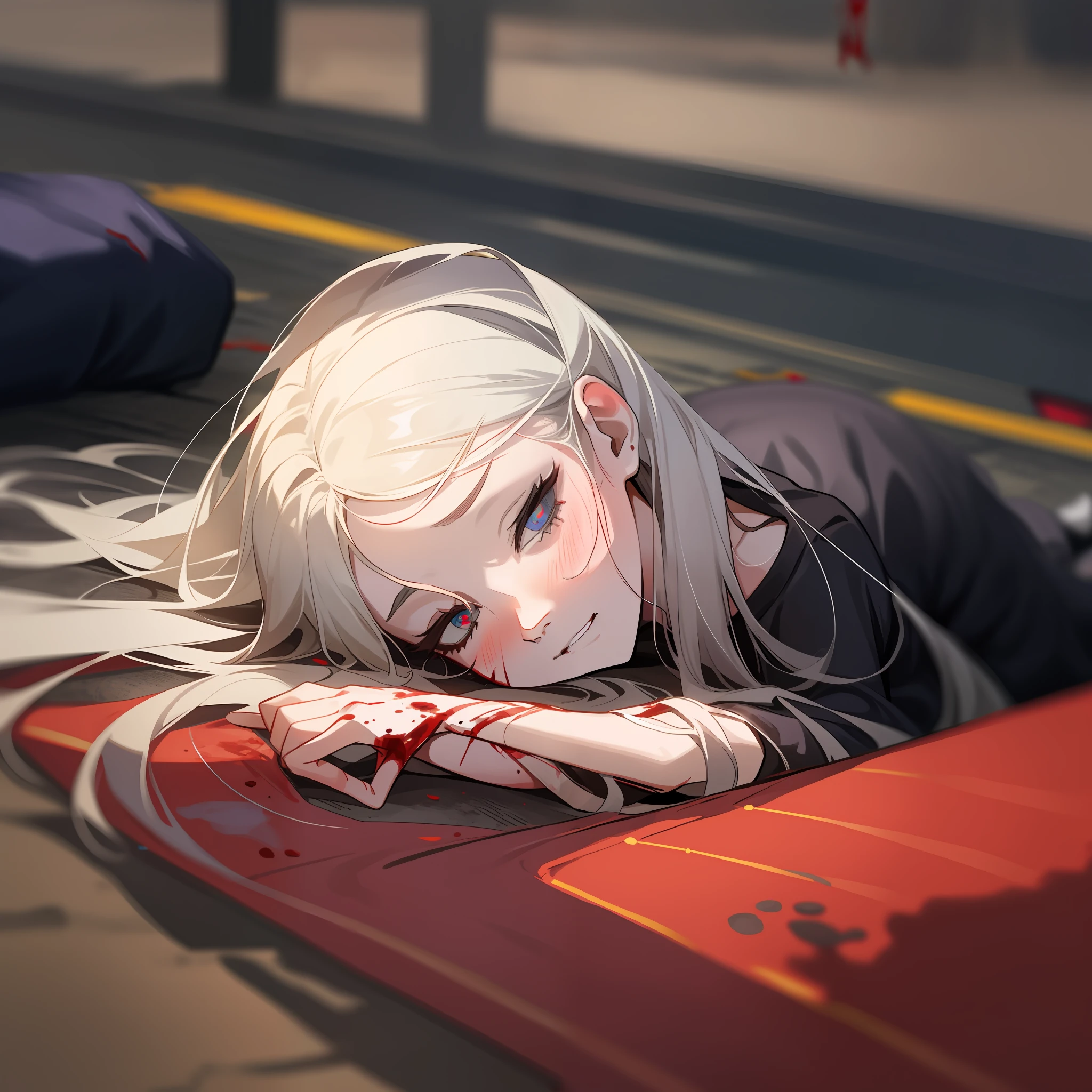 dead body,s girl,lies on the ground,With his eyes closed,blood stain,nakeness