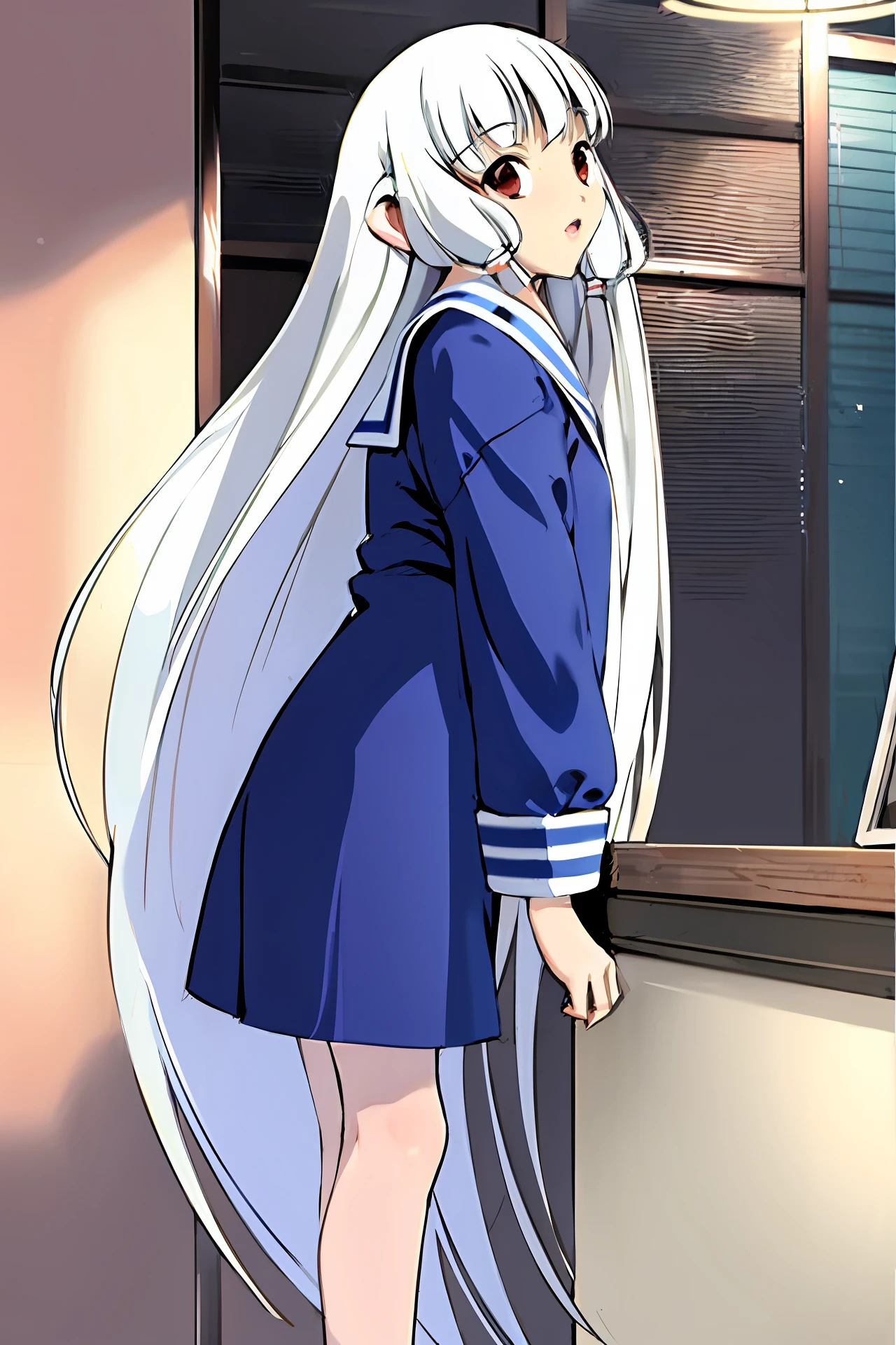 girl，Long white hair，a sailor suit，quadratic element，adolable