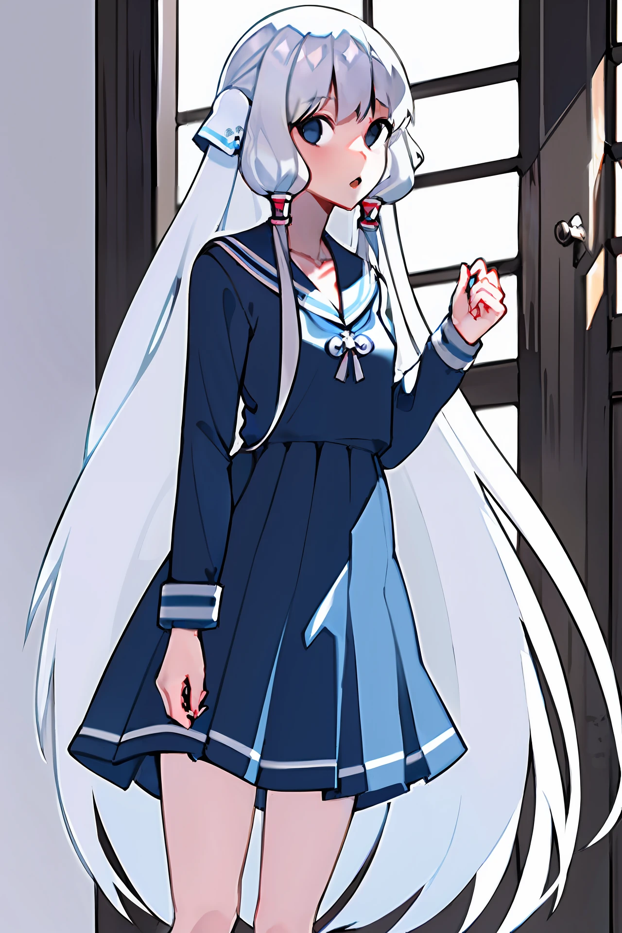 girl，Long white hair，a sailor suit，quadratic element，adolable