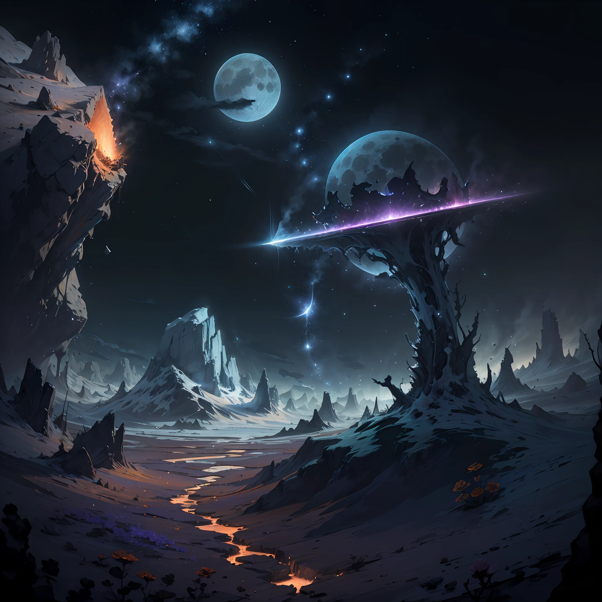Expansive landscape photograph,(look from down,Above is the sky,Below are open fields),A girl lying in a flower field looks at the audience,(moon full:1.2),(meteors:0.9),(Starcloud:1.3),Far Mountain, Tree BREAK making art,(Warm light source:1.2),(glowworm:1.2),lamp lights,Lots of purple and orange,Complicated details,Volumetric lighting BREAK(tmasterpiece:1.2),(best qualtiy),4k,ultra - detailed,(dynamic compositions:1.4),with high detail,plethora of colors,(Irridescent color:1.2),(with light glowing,Atmospheric lighting),dream magical,magical,(独奏:1.2) --auto