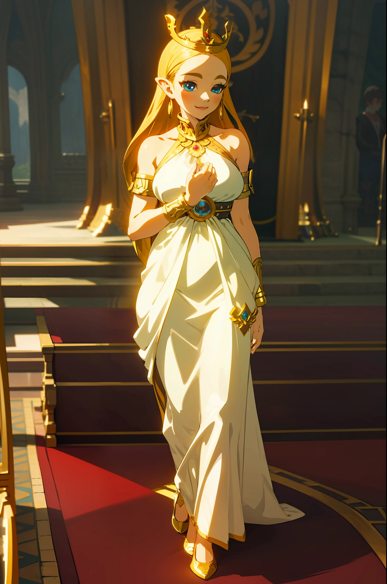 Revealing dress,Best quality, illustration,botwstyle,1girl huge large breasts,Golden,blueeyes,queen,Smile,Thin lips,half-length photo