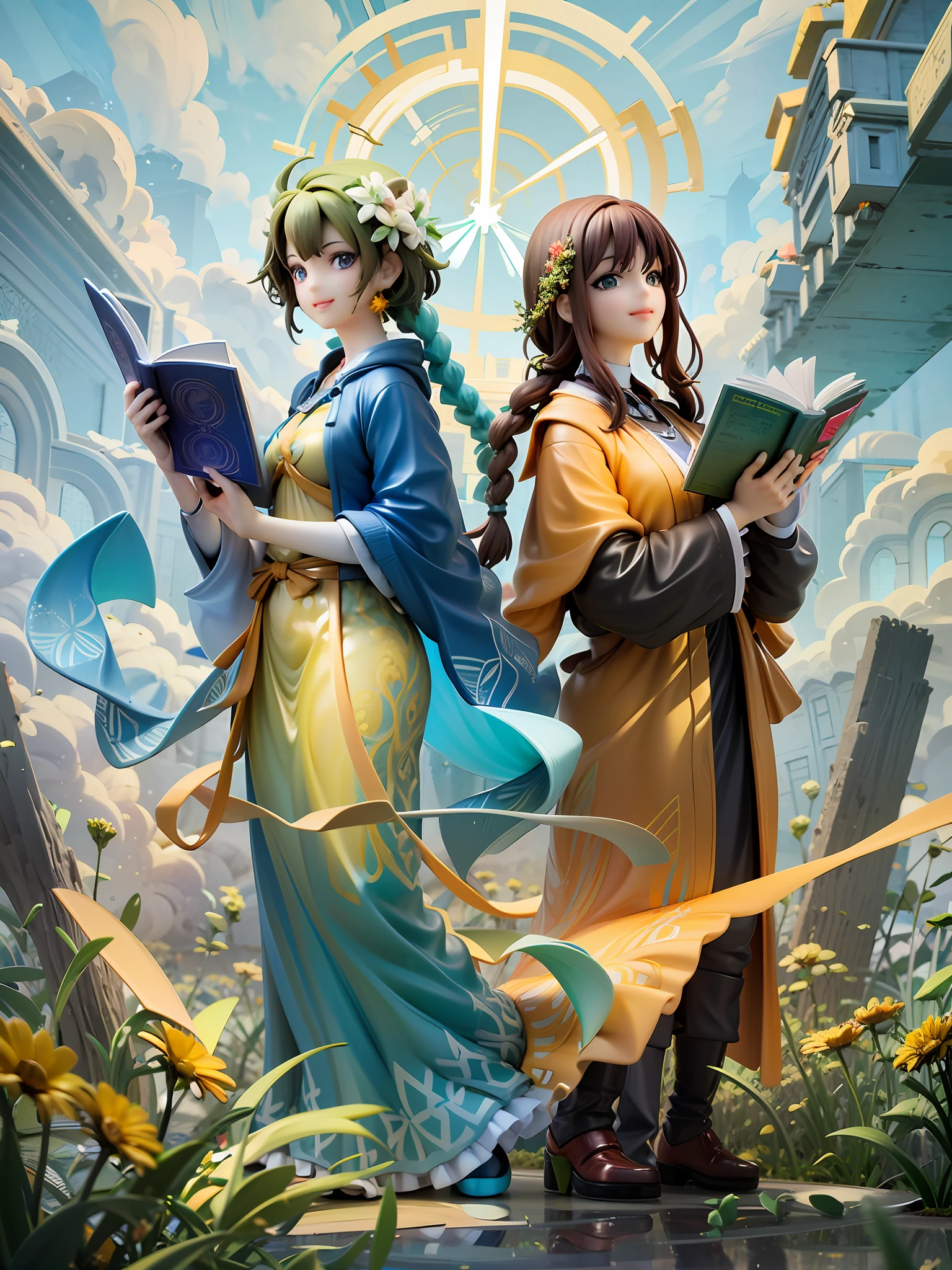 knowledge and wisdom goddess theme, blue and gold, profound expression, calm posture, smiling, ancient scholar-like robe with braids and decorations, silver braided long hair, deep blue eyes, reading a big book pose, and natural and abundant goddess theme, green and brown, bright expression, full of energy posture, smiling, field flower-like dress with flower and leaf decorations, brown loose wave medium hair, bright green eyes, holding a flower and dynamic pose, in the background of an ancient temple
