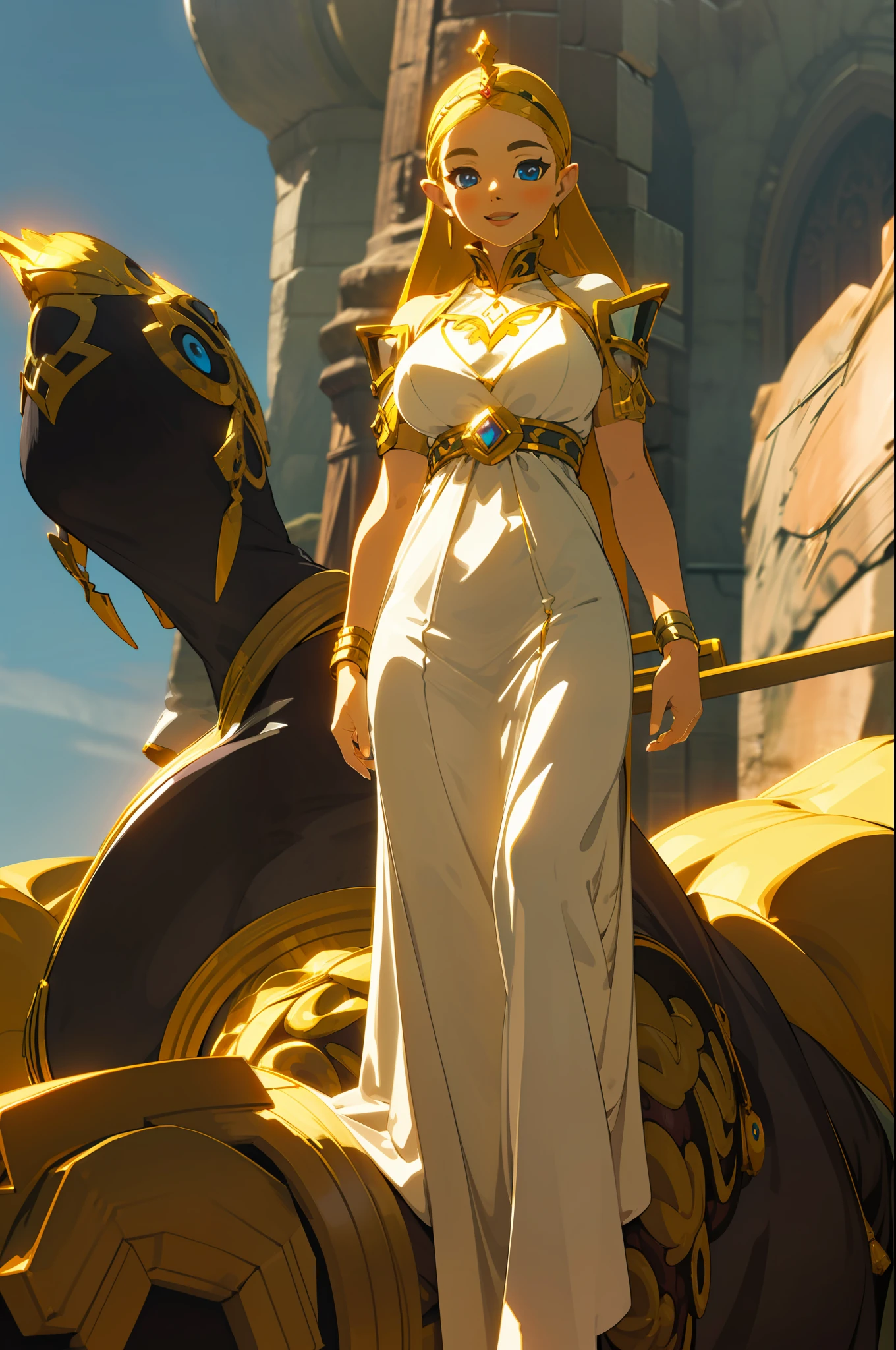 Revealing dress,Best quality, illustration,botwstyle,1girl huge large breasts,Golden,blueeyes,queen,Smile,Thin lips,half-length photo