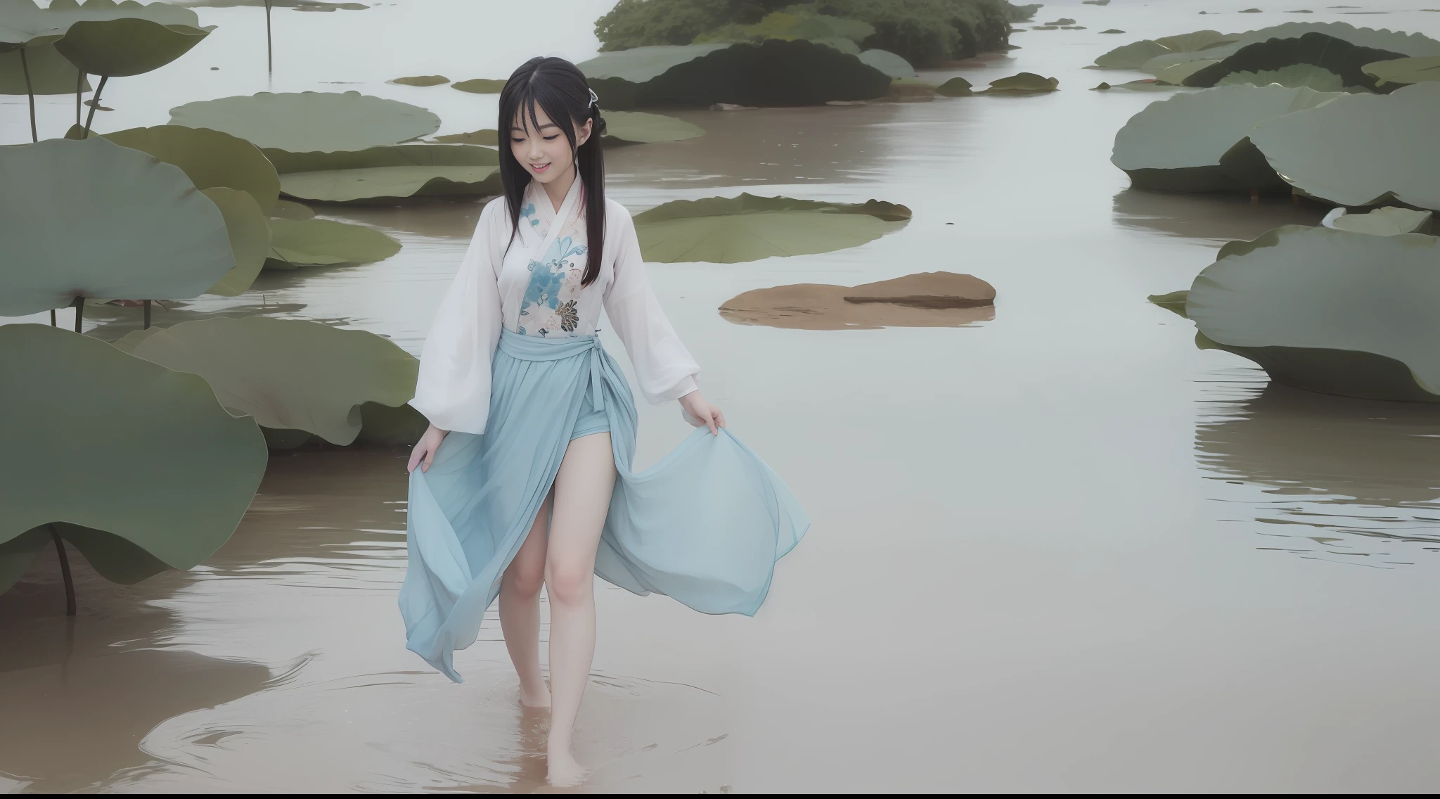 ((4k,masterpiece,best quality)), shuimobysim, traditional chinese ink painting, lotus, hanfu, maxiskit, dress conservatively 1girl, solo, long blue hair, smile, standing, feet in the water, barefoot,