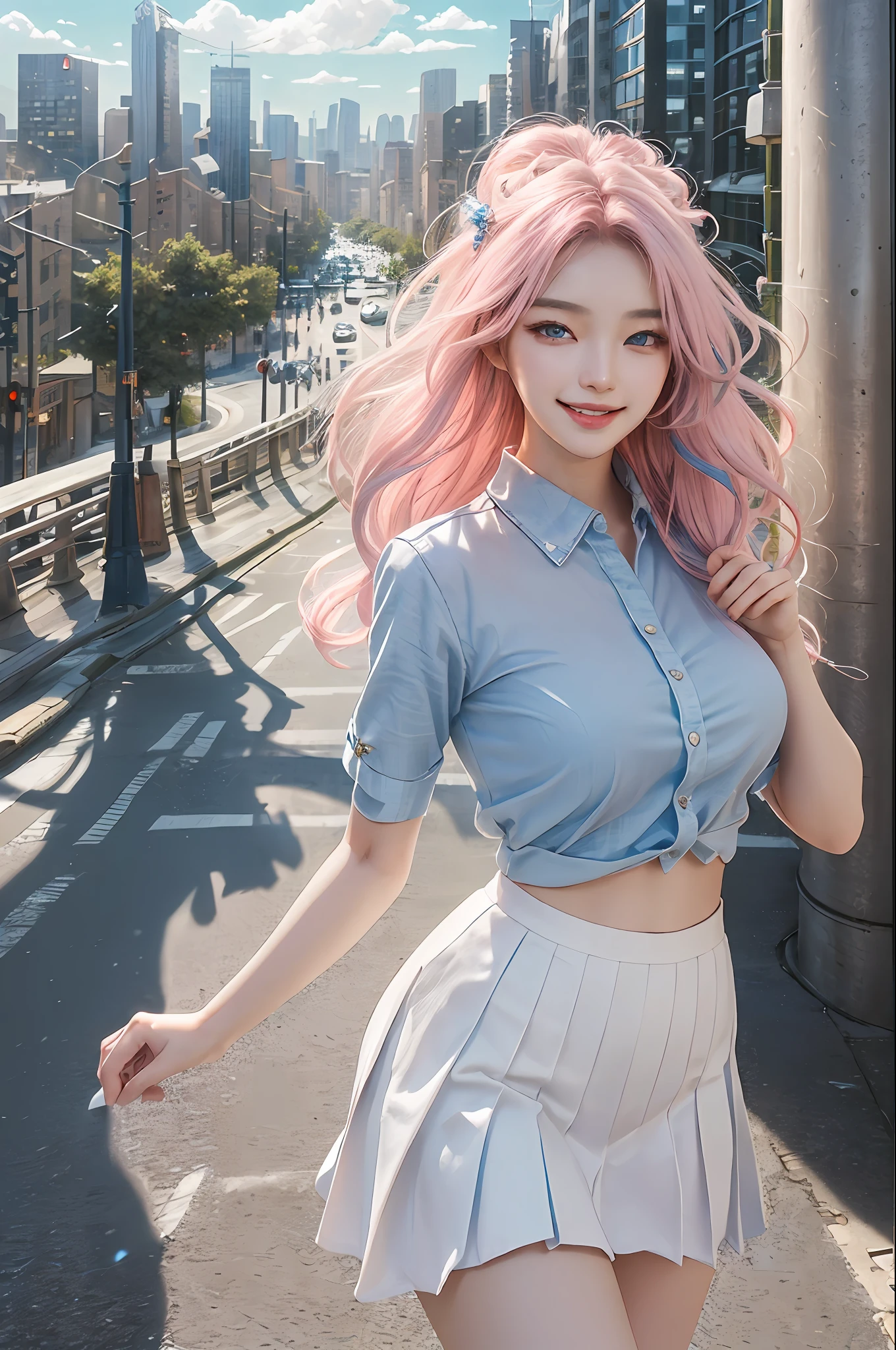 official art, masterpiece, sharp focus, (beautiful gorgeous cute Korean woman:1.3), (beautiful cute korean:1.3), korean beauty, Delicate and beautiful hair and eyes and face, realistic, ultra detailed, beautiful girl, blue sky, glow white particle, (sidelighting:1.2), sun light, white cloud, detailed clouds, slender, Lovely very large breasts and very large hips, smile with teeth, ((smile with eyes, open both eyes)), scenery, long straight hair, sexy facial expression, building, (cityscape:1.7), dynamic hair, long straight hair, detailed platinum pink hair, glow blue eyes, (blue pleated shirts + white skirt), white long socks, pale skin, hair ornament, epic scenery,