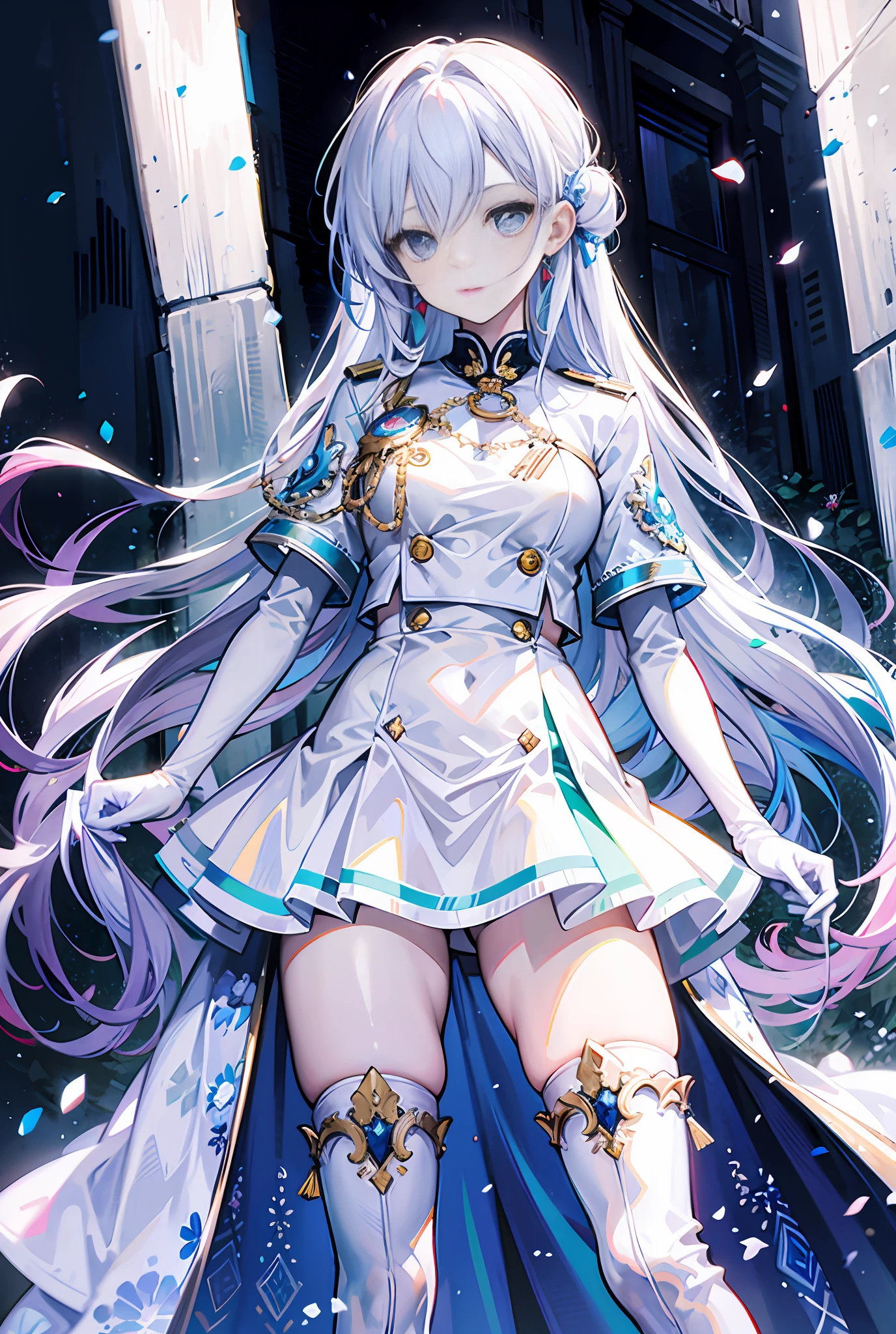 (White elbow long gloves),white long gloves,white uniform,White suspender thigh boots,White Very Long Hair,Blue pupil,shortsleeves,white sash,White leg rings,ornate decoration,White high-heeled thigh boots,beautiful in the background,anime girl with long white hair and blue dress standing in front of a building, Anime goddess, white-haired god, Portrait Chevaliers du Zodiaque Fille, high detailed official artwork, trending on artstation pixiv, ((a beautiful fantasy empress)), Kushatt Krenz Key Art Women, cute anime waifu in a nice dress, detailed key anime art, knights of zodiac girl
