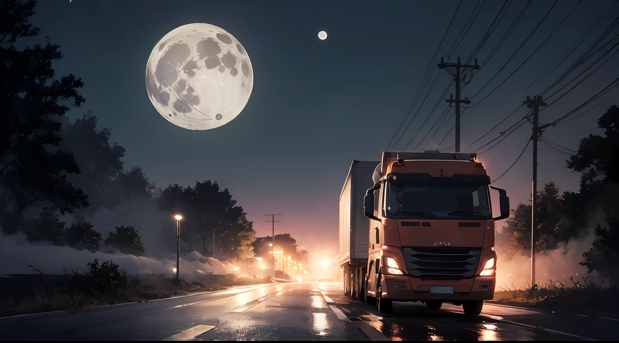 horror scene with a truck on the empty road at night with the moon in the background and a lot of fog --auto