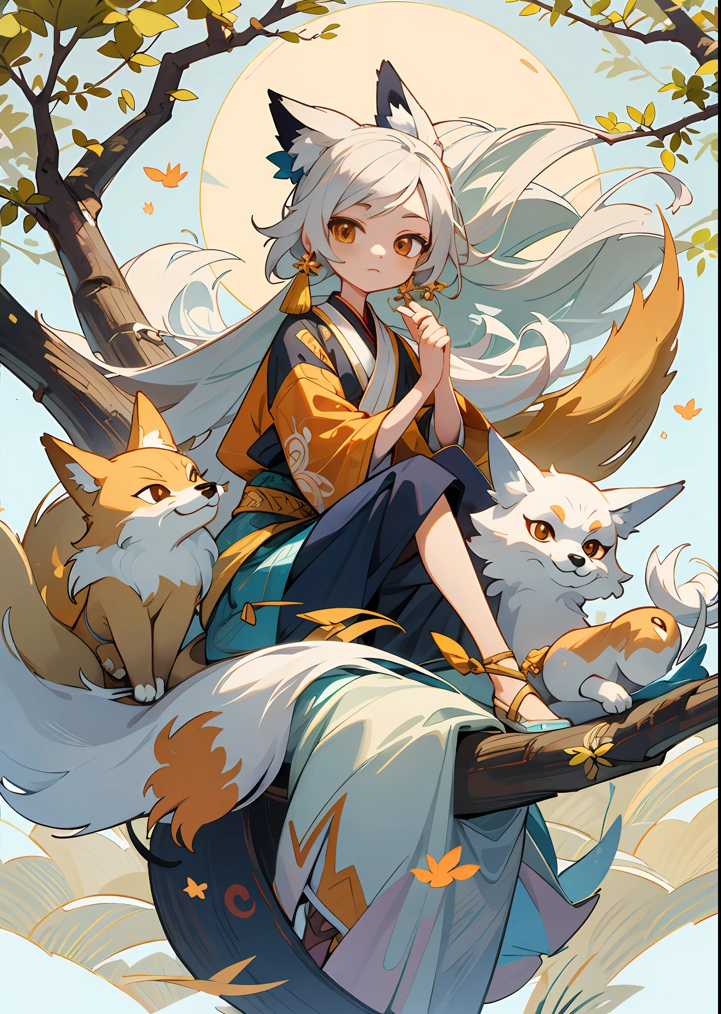 The background is a super large moon, a fox with white hair sitting on a branch under the stars, (: 1.5), Ethereal Fox, Nine-Tailed Fox, Dreamy, Millennium Fox Demon, Onmyoji Detailed Art, Nine Tails, Beautiful Artwork Illustrations, Mythical Creatures, Foxes, Beautiful Digital Art Works,