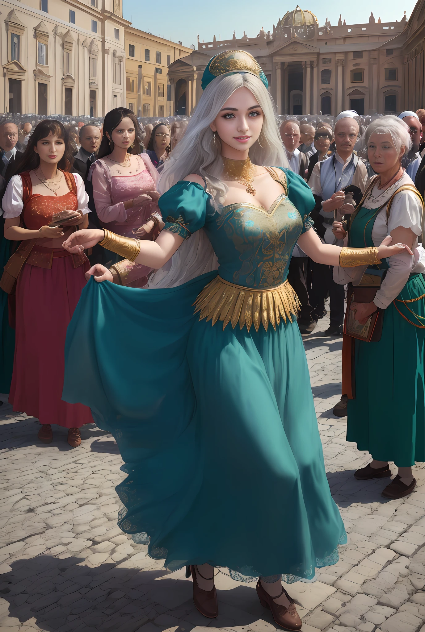 (巨作, Best quality, Realistic),
1girll,(on the St. Peter's Square of Vatican,crowd), gypsy dress,(Princess Eyes,shiny pupils),Dancing, Intricate,teal dress, Gold, gypsy person, banquet, crowd, picking up skirt,Pale skin,
[Slight smile],