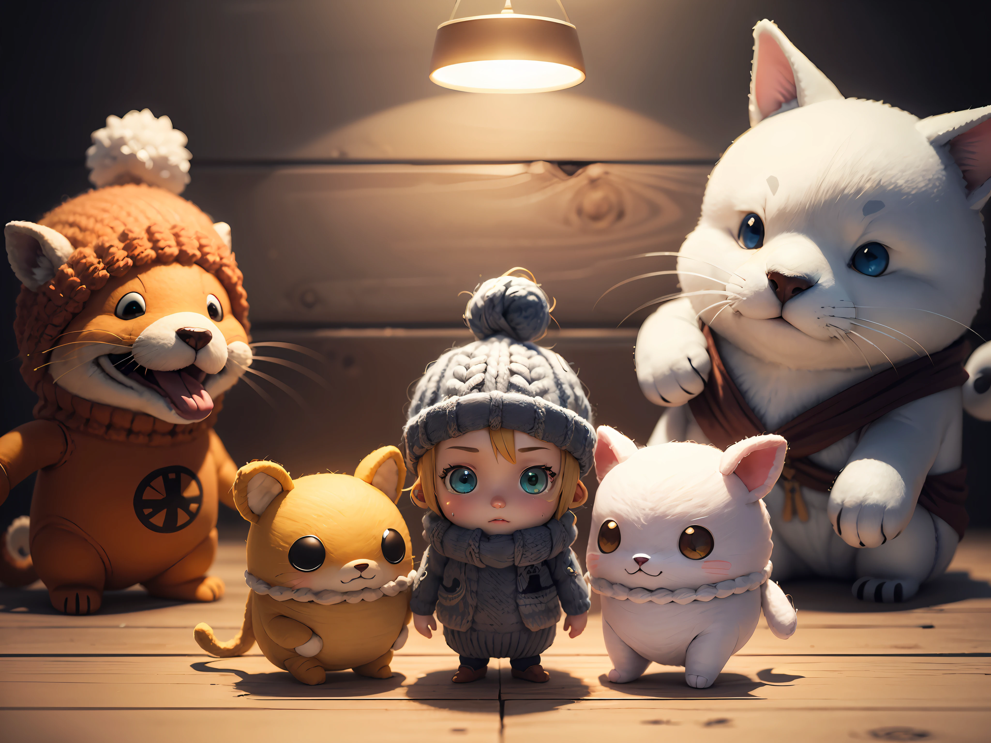 cute world of wool felt,wool knitted fabric,cartoony,Naruto,One Piece,super adorable,Superb lighting,volumetr,Jon Klassen,In Studio Ghibli style,tiltshift,80mm lens,largeaperture,3d,Blander,tmasterpiece,super detailing,best qualtiy, --v6