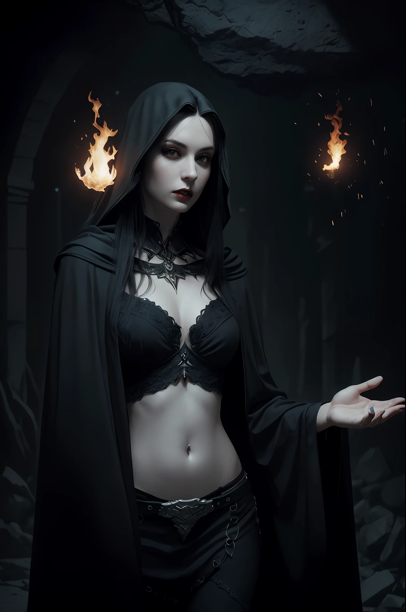 (8k, best quality, masterpiece:1.2), (realistic, photo-realistic:1.37), ultra-detailed, cinematic, fantasy world, above chest shot, beautiful woman holding a fireball on her palm, long black straight hair, dark makeup, dressed in a black cloak, (pale skin:1.2), Greg Rutkowski concept art, dark studio, rim lighting, dimly lit, low key,