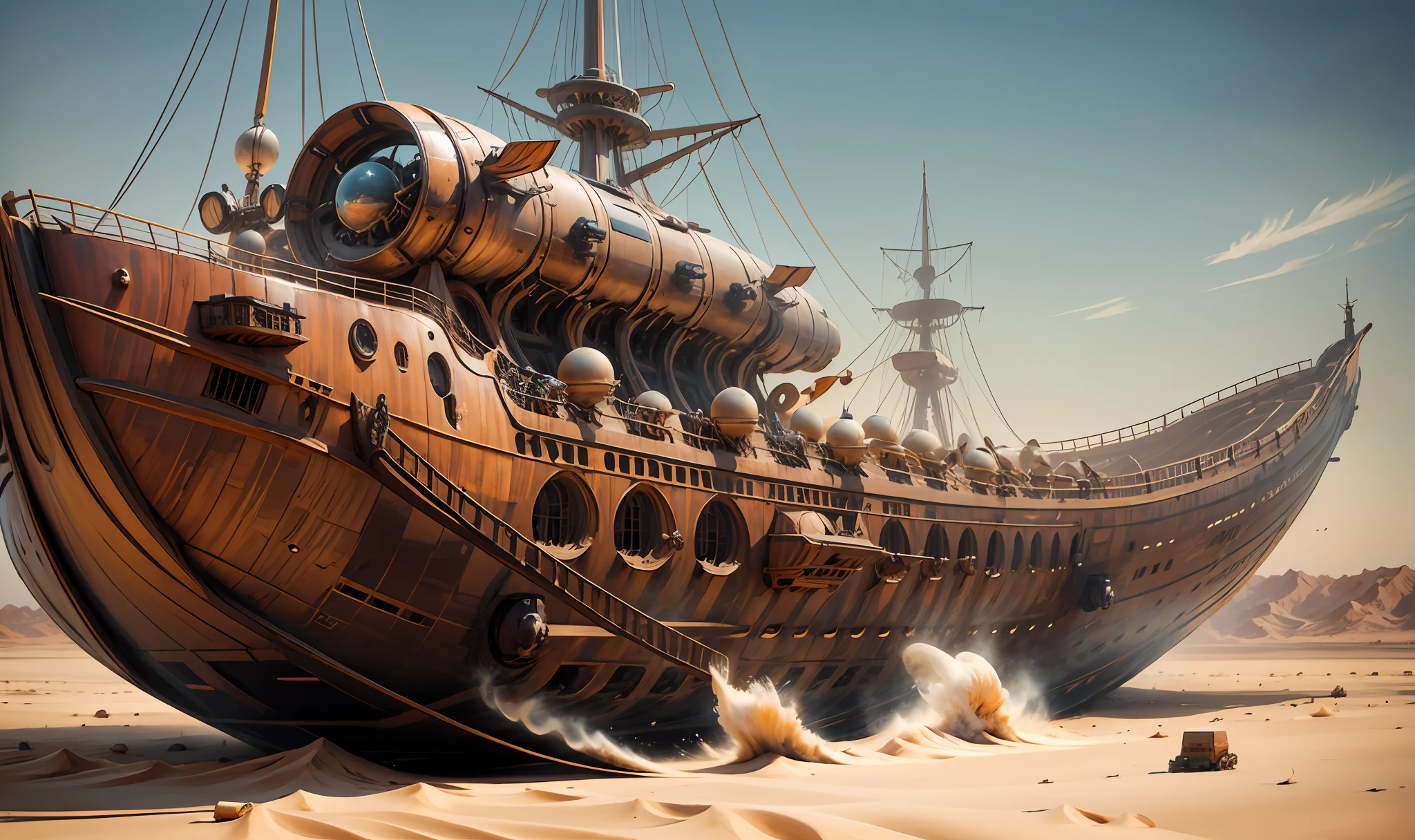 Huge wooden ship，in a desert，Present a vision，Unique style，Two suns in the sky。