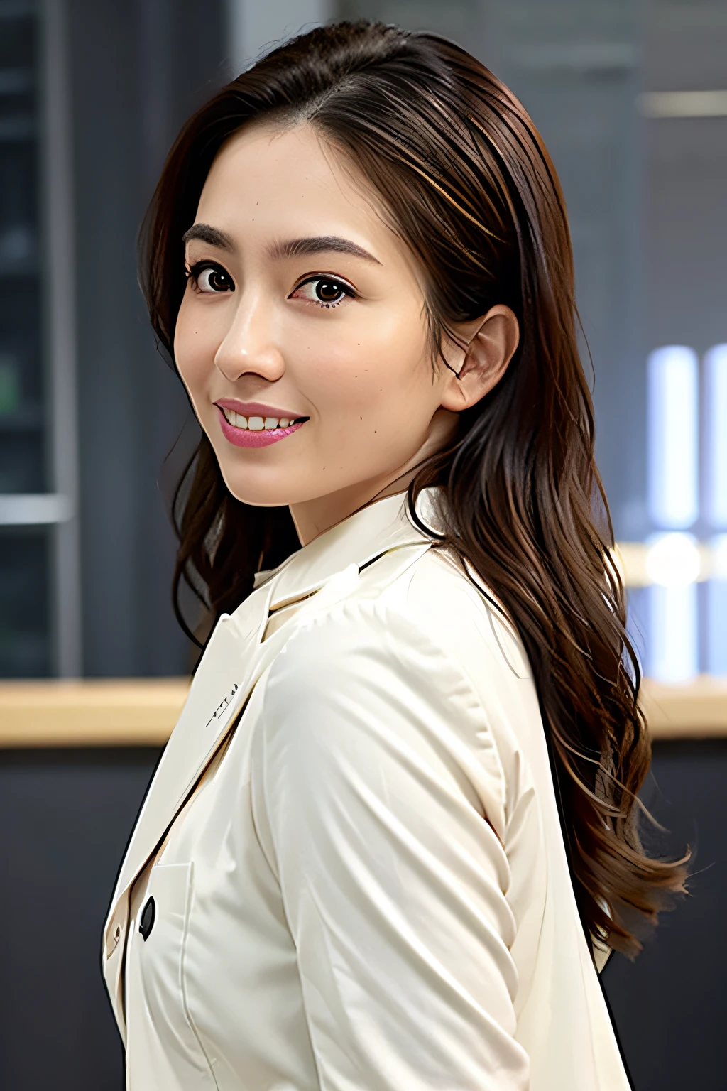 (Supermarket: 1), afternoon, doctor uniform, light brown tassel short hair, light brown eyes, 1girl, innocent, (fidelity), (fineness: 1.2), (masterpiece,: 1.3), (best quality :1.4), (ultra high resolution: 1.2), ultra high resolution, (detailed eyes), (detailed facial features), HDR, 8k resolution, (lens flare: 0.7), turned around, busy checking report , facial observation, drshe