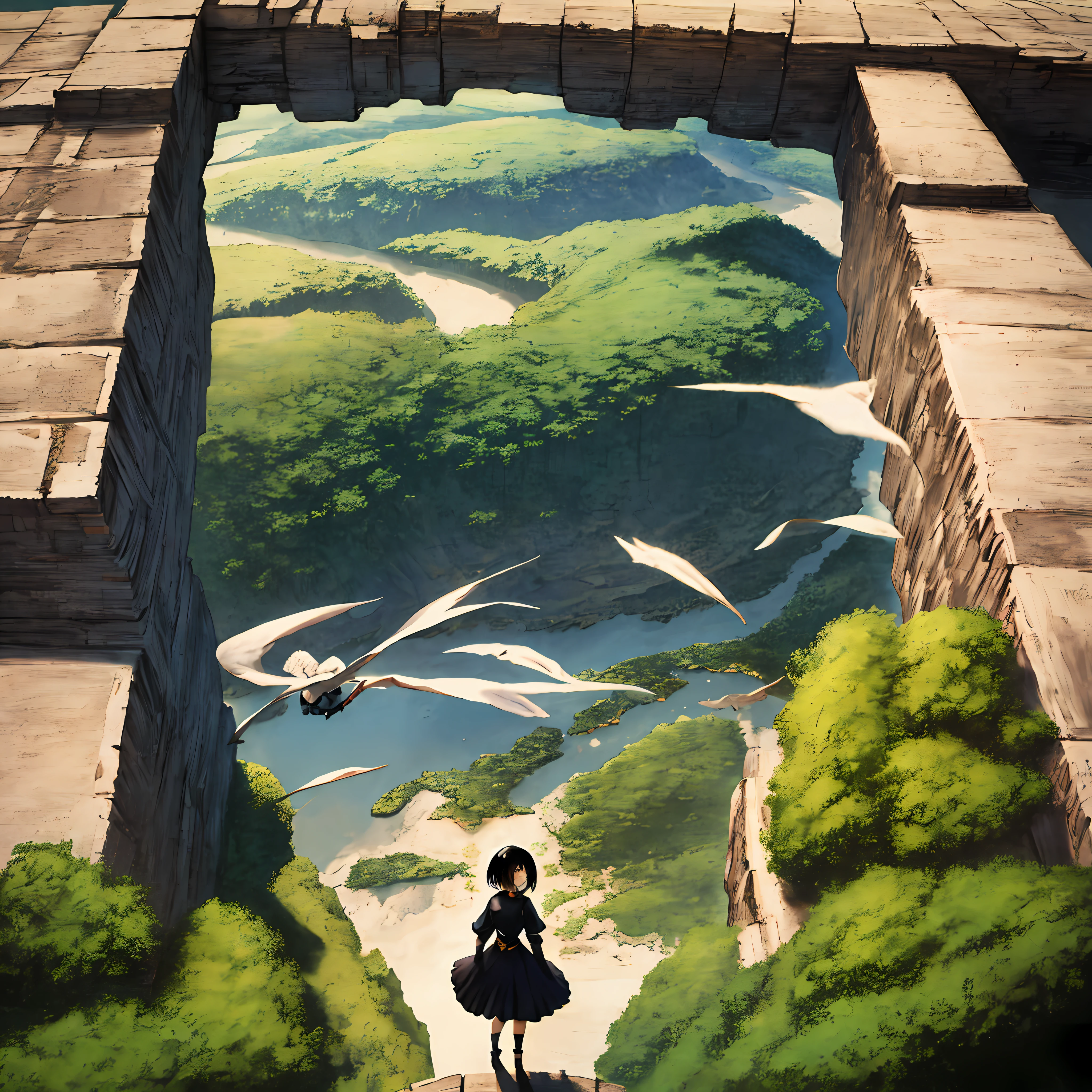 masterpiece,best quality,1girl,solo,short black hair,from above,landscape,flying,sky,