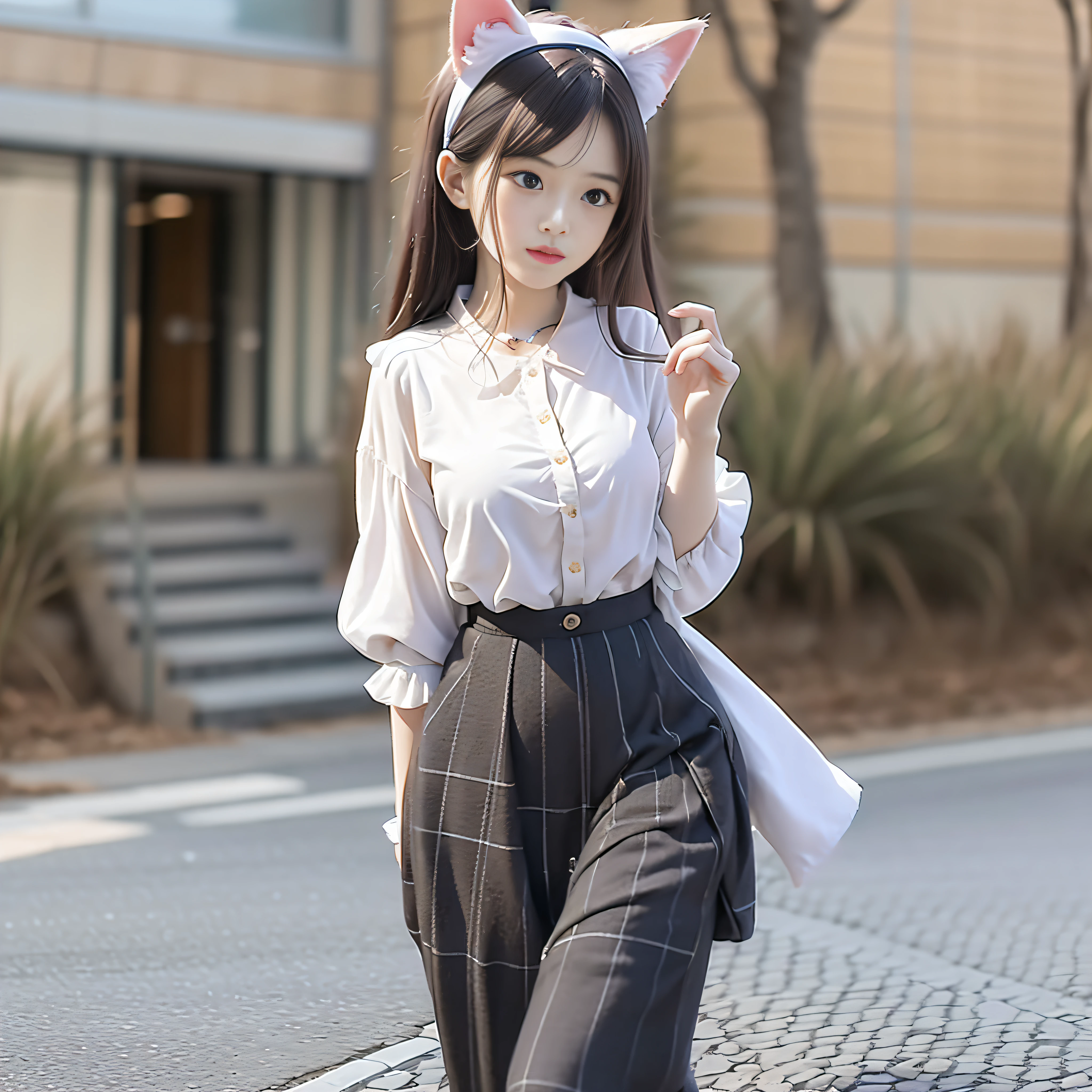 A young girl with cat ears and a tail stands before you. She has long, flowing hair in a soft shade of purple. Her outfit consists of a white blouse with ruffled sleeves and a checkered skirt that falls just above her knees. Completing her look are a pair of white leather shoes. Her beauty is undeniable, and there is a subtle sensuality in her presence. With every move she makes, there is an air of grace and elegance that surrounds her.