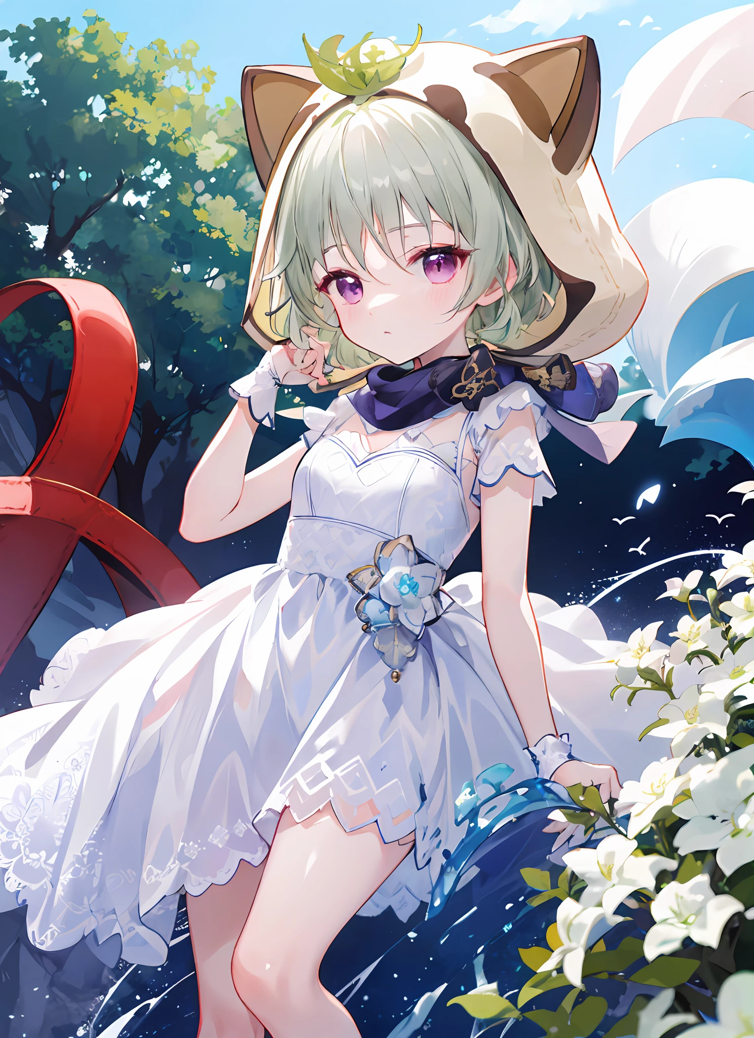 Be red in the face, exteriors, In the daytime, simple backgound, blue-sky, Rippled hair, Skysky, looking at viewert,Lori, The expression is cute,Small short legs,head portrait,wedding gown,white dresses,small curvaceous loli,Wedding scene,