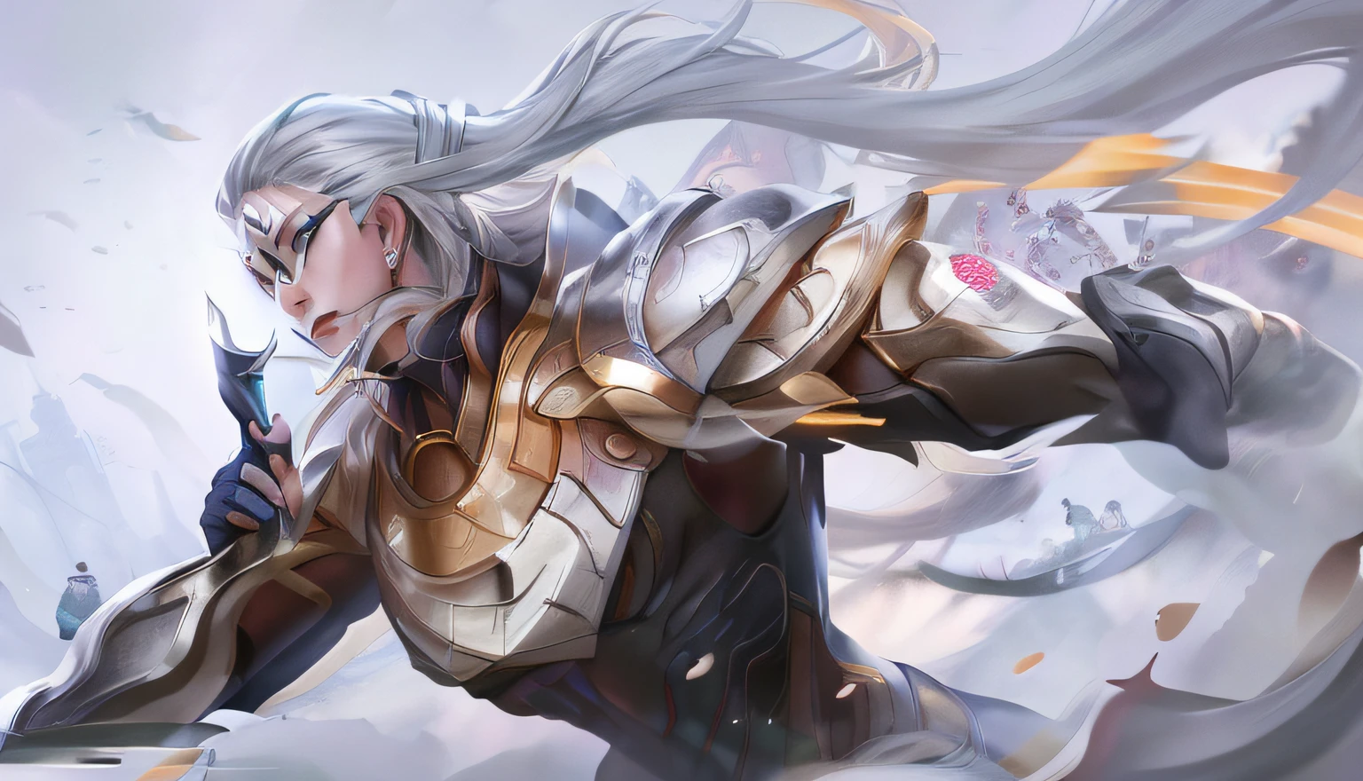 Male image of Araved holding a gun, Featuring iconic character splash art and G Liulian art style, Create high quality、Detailed 4k digital concept art. Elements of official splash art and Overwatch splash art are blended, And add the best elements of the best doujin art stations, Achieve an extremely detailed level of Artgerm, 4K highly detailed digital art as standard, Present a high-end digital creative art image. --auto