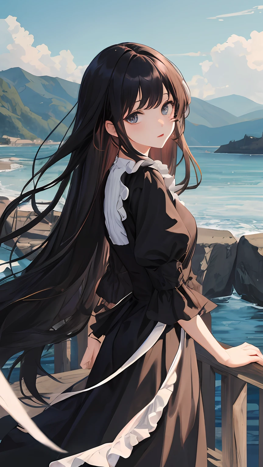 masterpiece, best quality, looking at viewer, long hair, outdoors, (wavy hair:0.7),
black theme, frills,