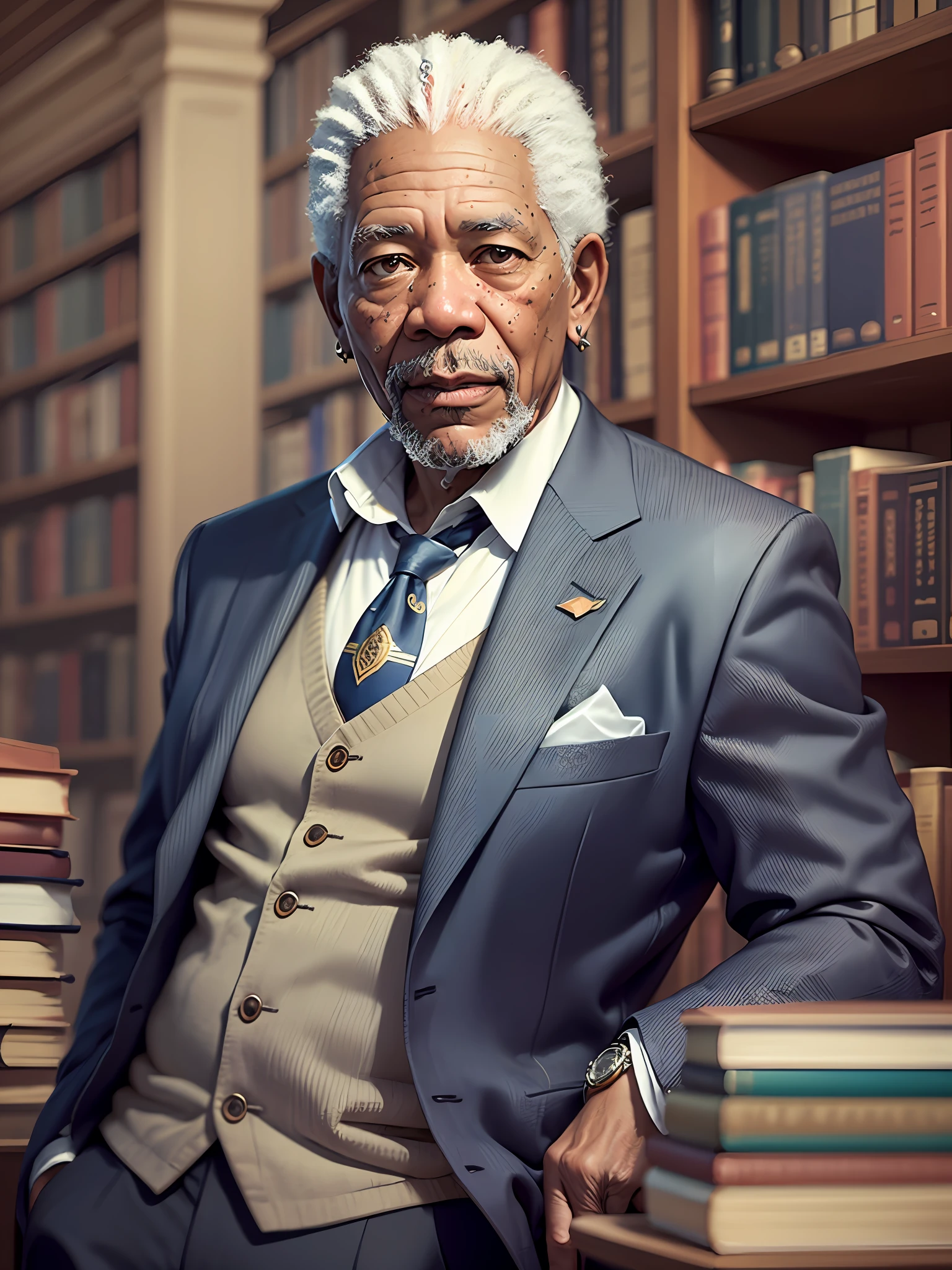 Masterpiece Photography Ultra Realistic, 4K and 12K resolution.
Morgan Freeman:
Masterpiece Photography Ultra Realistic Description: Morgan Freeman, the esteemed American actor, poses in a captivating 12K hyper-realistic depiction wearing a sleek black suit, standing in front of a bookshelf filled with ancient volumes in a grand library. The unexpected fusion of sophistication and wisdom enhances his commanding presence. With his warm smile and wise eyes, he exudes a sense of authority and depth. The hyper-realistic portrayal captures the intricate details of the suit's fine fabric, the richness of the bookshelf, and the soft lighting of the library, evoking a sense of timeless intellect and captivating charm. --auto --s2
