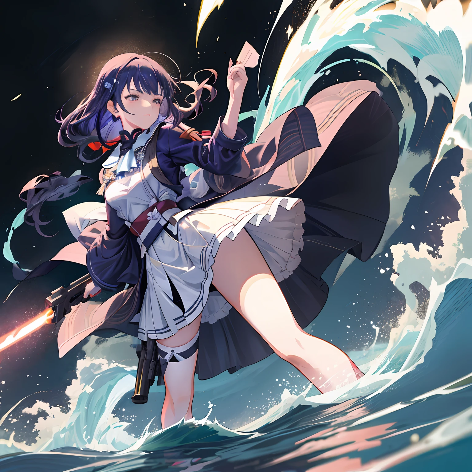 GUNDAM,firelight，saber,gun,perverted woman，upskirt with，hyperreaistic，white colors，water flowing，Tornado，winds，HMS Tomuel，raiden ，火焰，tocar，multiple persons，Up