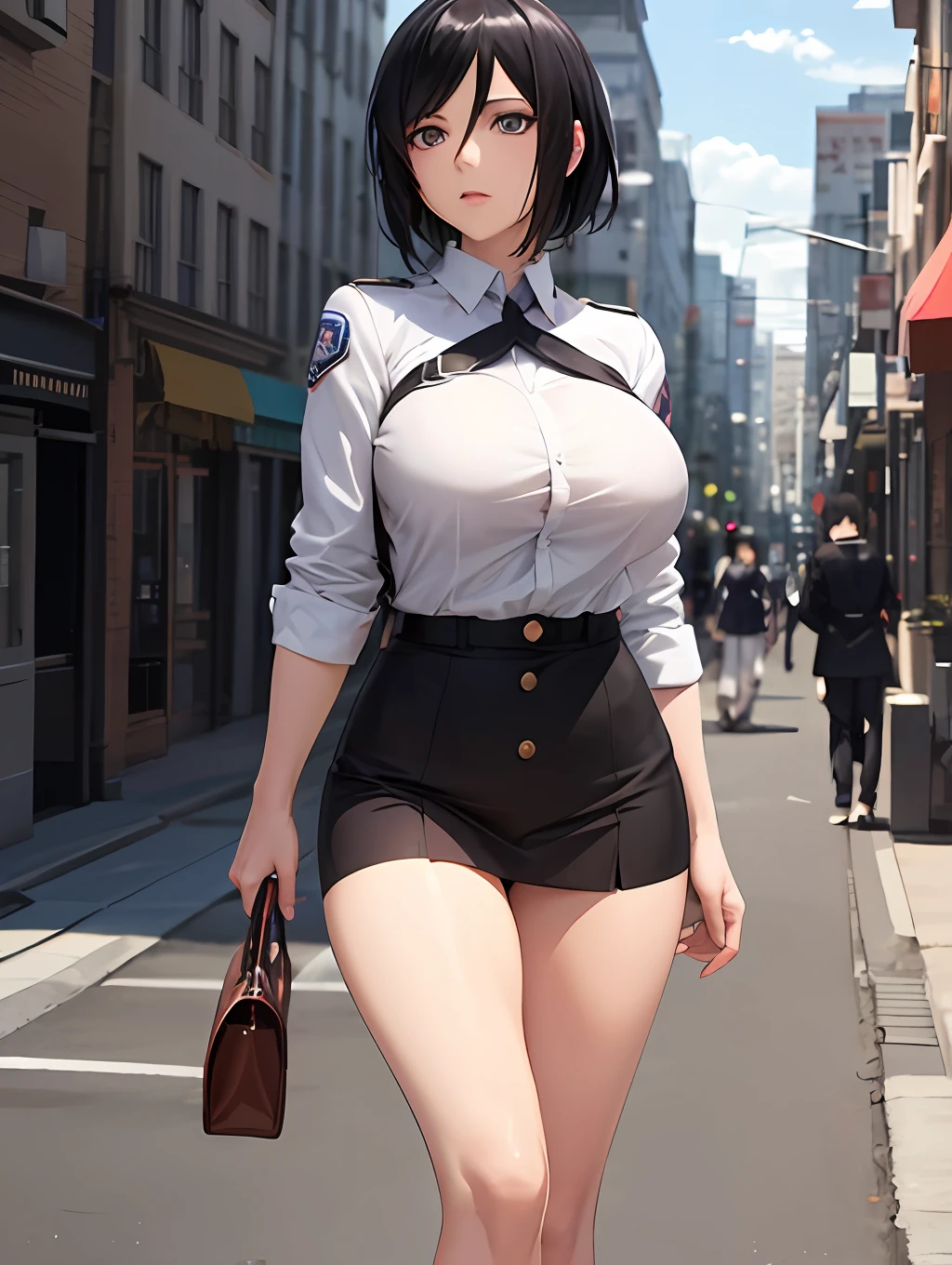 anime big breast《attack on titans》role:mikasa ackerman,Wearing a JK uniform,Reveal attractive thighs and waist,cabelos preto e longos,Gentle and moving,There is also a hint of indifference,Full body photo --auto