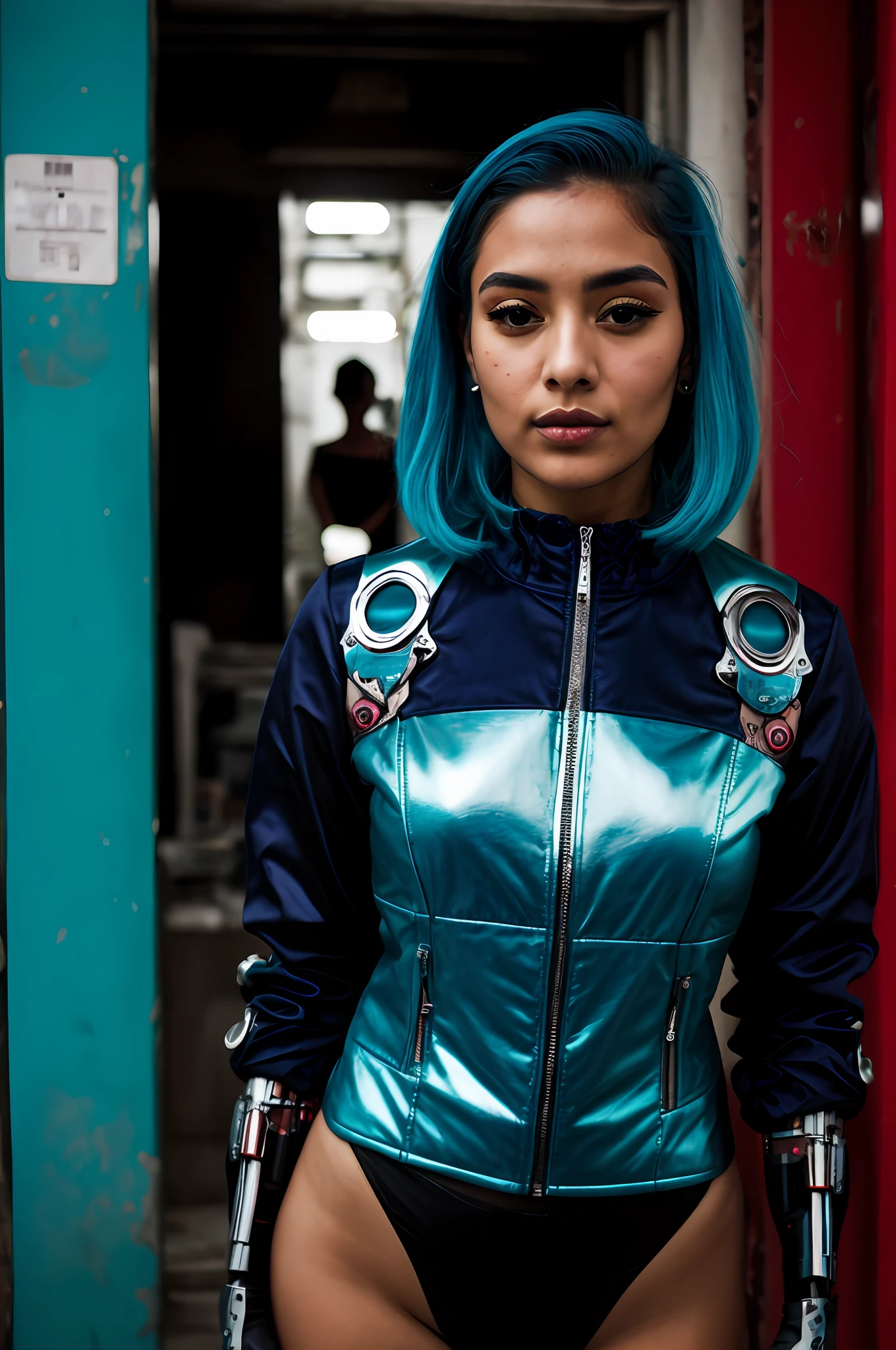 ((cuban)) woman with cyan an violet hairswearing a blue and black outfit and posing for a picture, metallic cyan shirt, beautiful cyberpunk woman model, violet oversized jacket, cyborg fashion model, cyberpunk outfit, cyborg fashion shot, beautiful guatemalan girl, facing at the camera