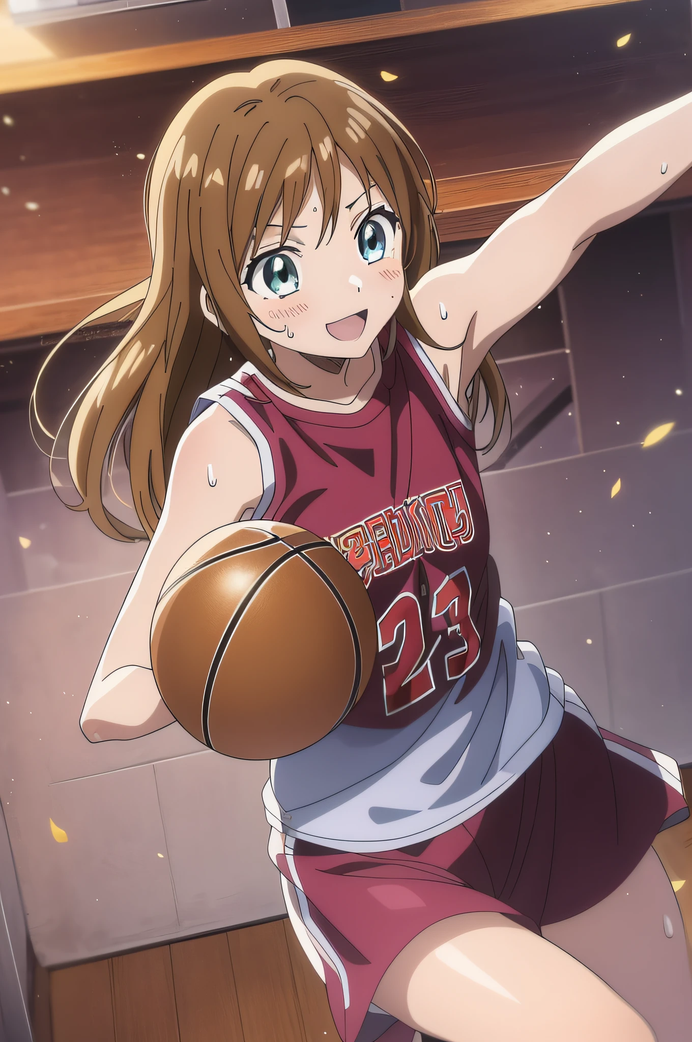 (best quality,anime,anime art style:1.2), anime screen cap,young girl, , sweat,playing the basketball,Intense angle,speedy movement,looking away,smile, sleeveless