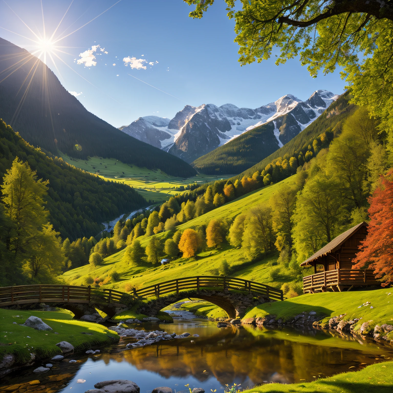 On a meadow,There is a hobbit house,Bring a chimney,There is a river next to the house --auto