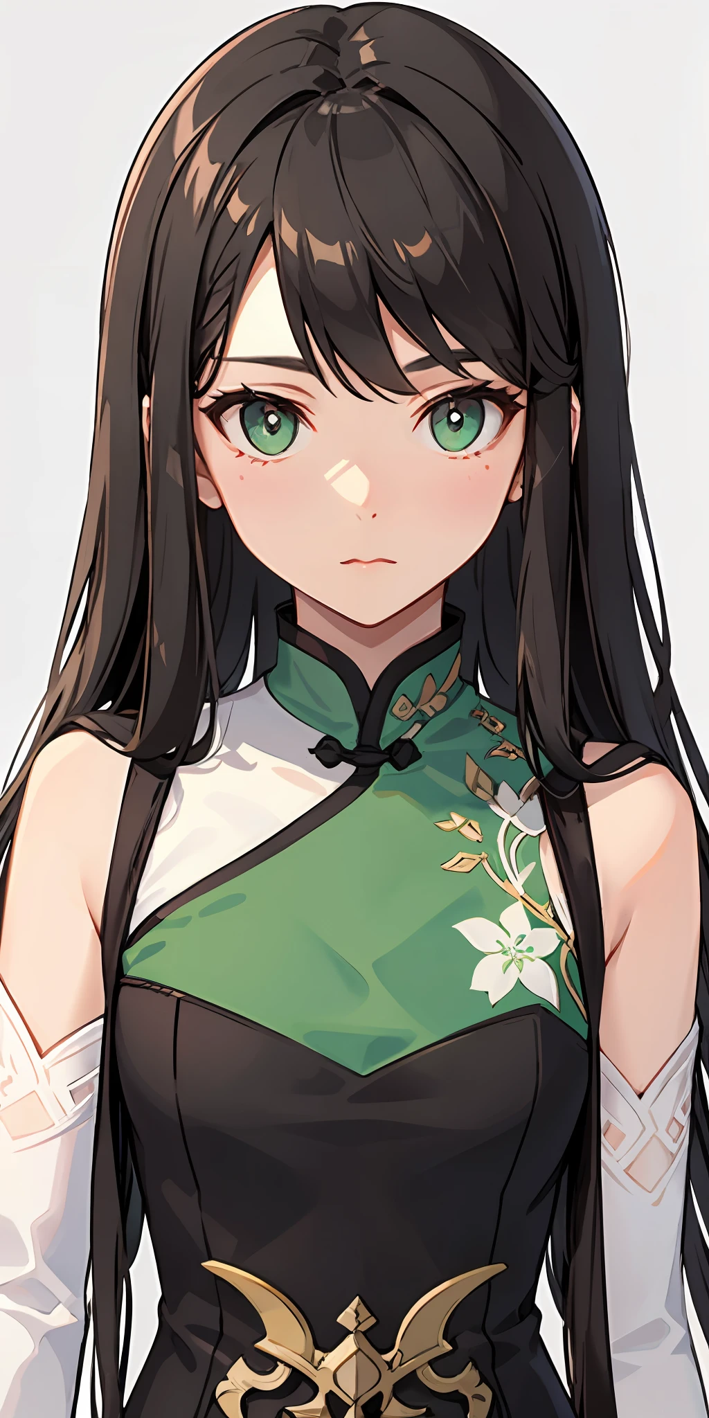 ((ancient wind)),((China-style)),(((((Black long straight))))),(((Tie up two strands of hair))),(brunette color hair),((Green antique long dress)),((White sleeves)),((Tsundere)),((apathy)),closeup of face,The upper part of the body,Side Body,looks into camera,