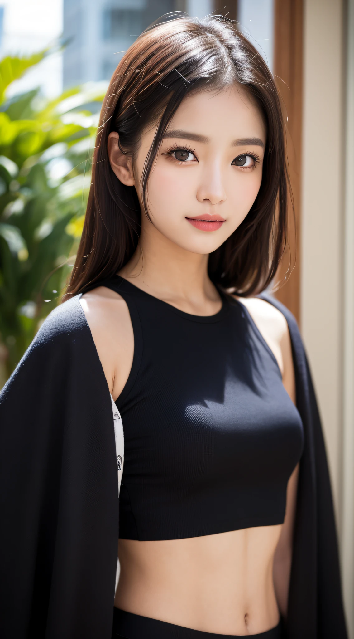 ((very best quality、8K、a masterpiece of:1.3))、foco nítido:1.2、(ultra beautiful face:1.0)、(Slender Abs Beauty:1.0)、(shinny skin:1.0)、photograph realistic、Black-haired、Video Lighting、High-definition eyes and face、Video Lighting、(ccowboy shot:1.3)、swim wears、(Korean Cute Actress)、from the front side、medium large breasts、A slight smile、Sleeveless