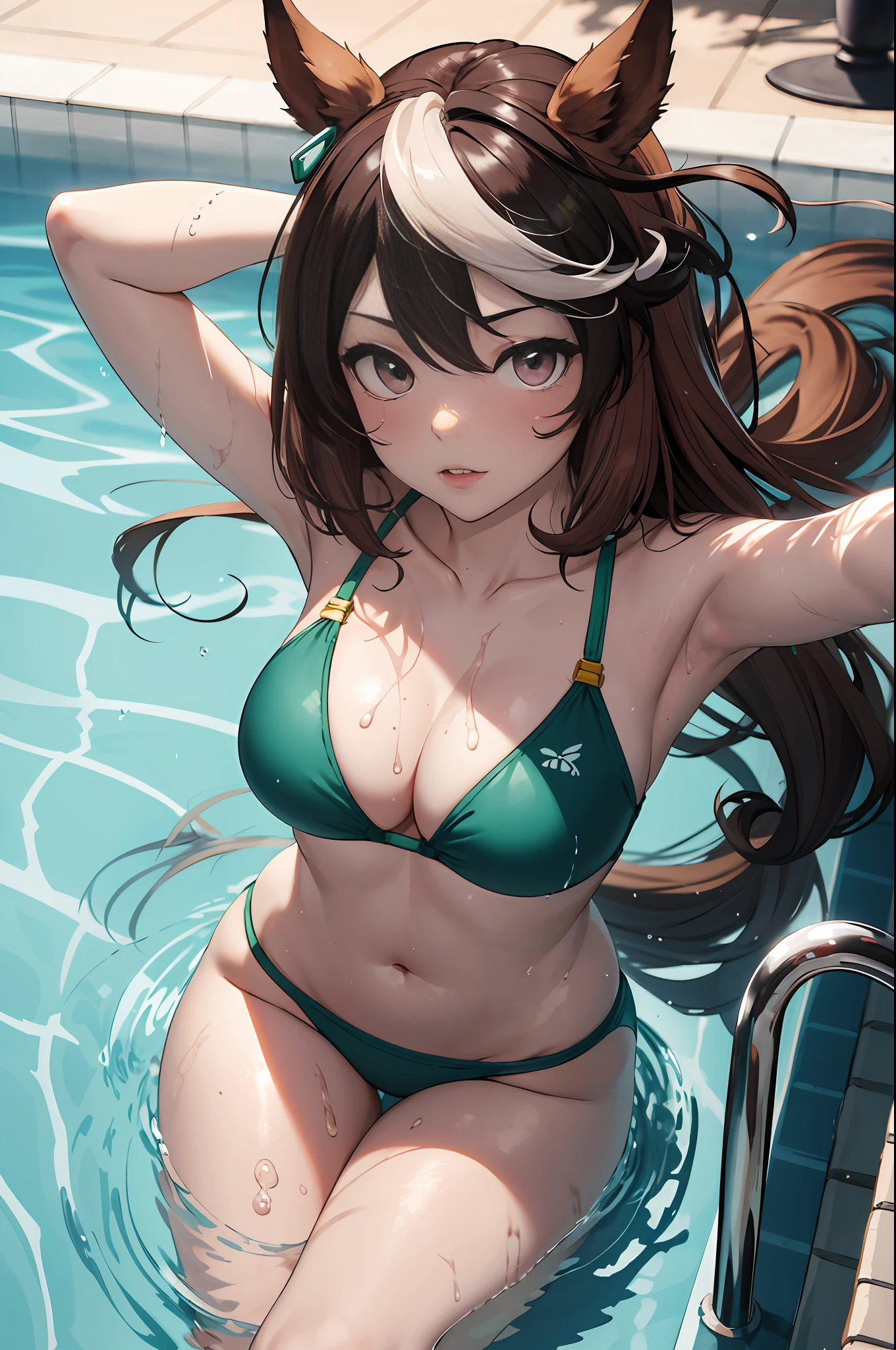 ​masterpiece, finely best quality, Hi-Res, 1girl, Symbolic Rudolph (umamusume), horse ear, animal ear, 独奏, Horse Girl, tail, Horse's tail, thighs thighs thighs thighs, brown haired, gloves, length hair, O cabelo multicolorido, in poolside, Green swimsuit,Misaligned bra, string, (leach: 1.2), lie on one's side, From  above, spreading arms widely, disheveled underwear, hard breathing, Invite sexual expression,(abdominals, Slender figure:1.1), (swimming pools, a wet body, Wet clothes:1.1), hyperdetailed face、detailed lips、A detailed eye、