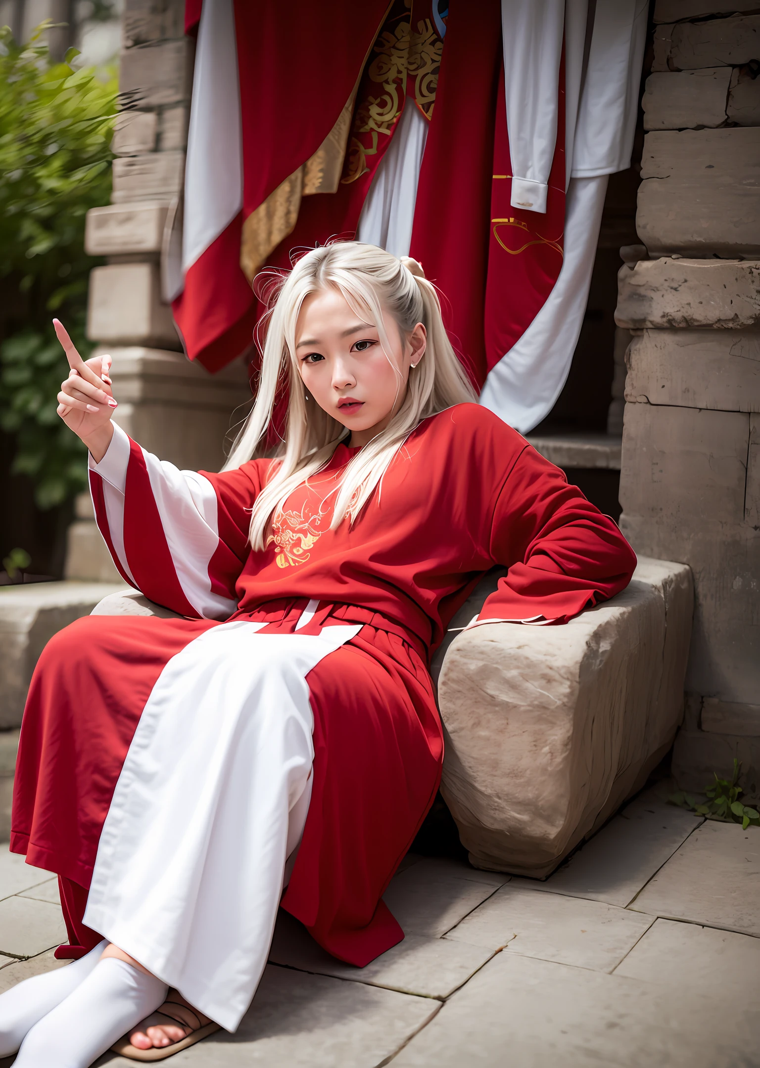 Red clothes, white face, white hair, ancient Chinese style mythology