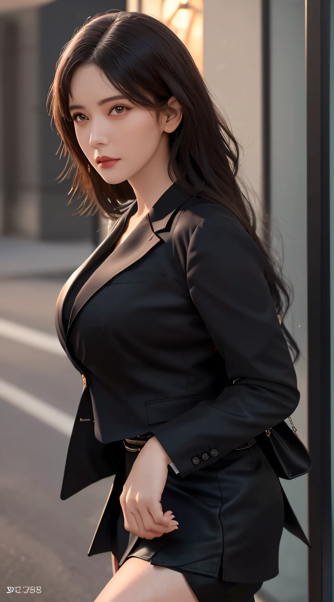 best quality, masterpiece, 1 girl, beautiful face, (photo photo-realistic:1.3), edge lighting, (high detail skin:1.2), 8k ultra hd, dslr camera, high quality, high resolution, 4k, 8k, bokeh, ridiculous, best ratio four fingers and one thumb, (realistic:1.3), cute 1girl, wearing a black formal blazer, huge breasts, short skirt,