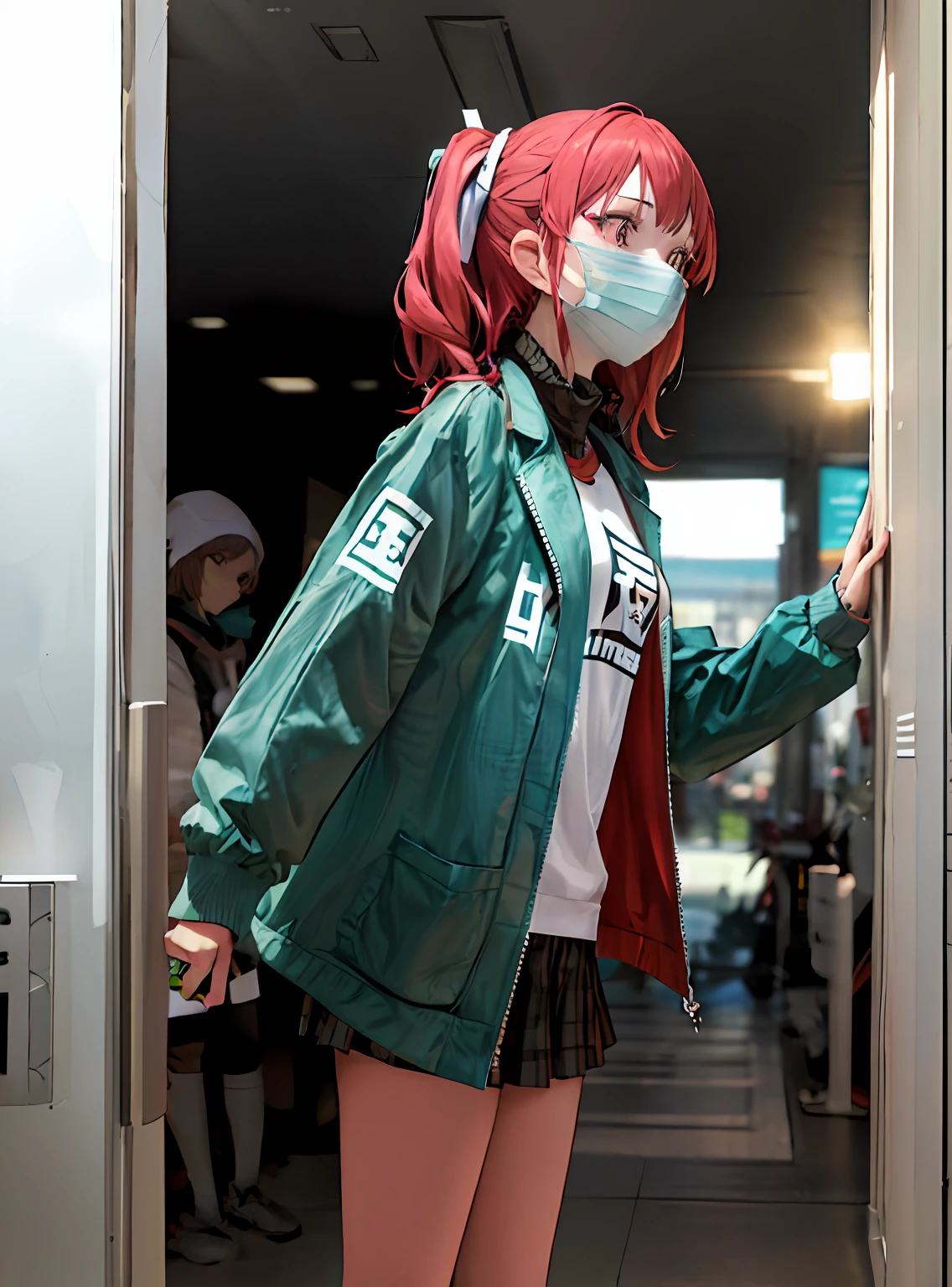 arafed woman wearing a face mask and jacket standing in front of a door, 2 techwear women, japanese streetwear, cyberpunk streetwear, E-Girl, e - girl, wearing cyberpunk streetwear, techwear look and clothes, Witch clothes, stylish coat for a rave, techwear fashion, techwear outfits, jpop clothing, punk rock clothes，Add anime background，Cutout，Add everyday hotel background to Delete clothes