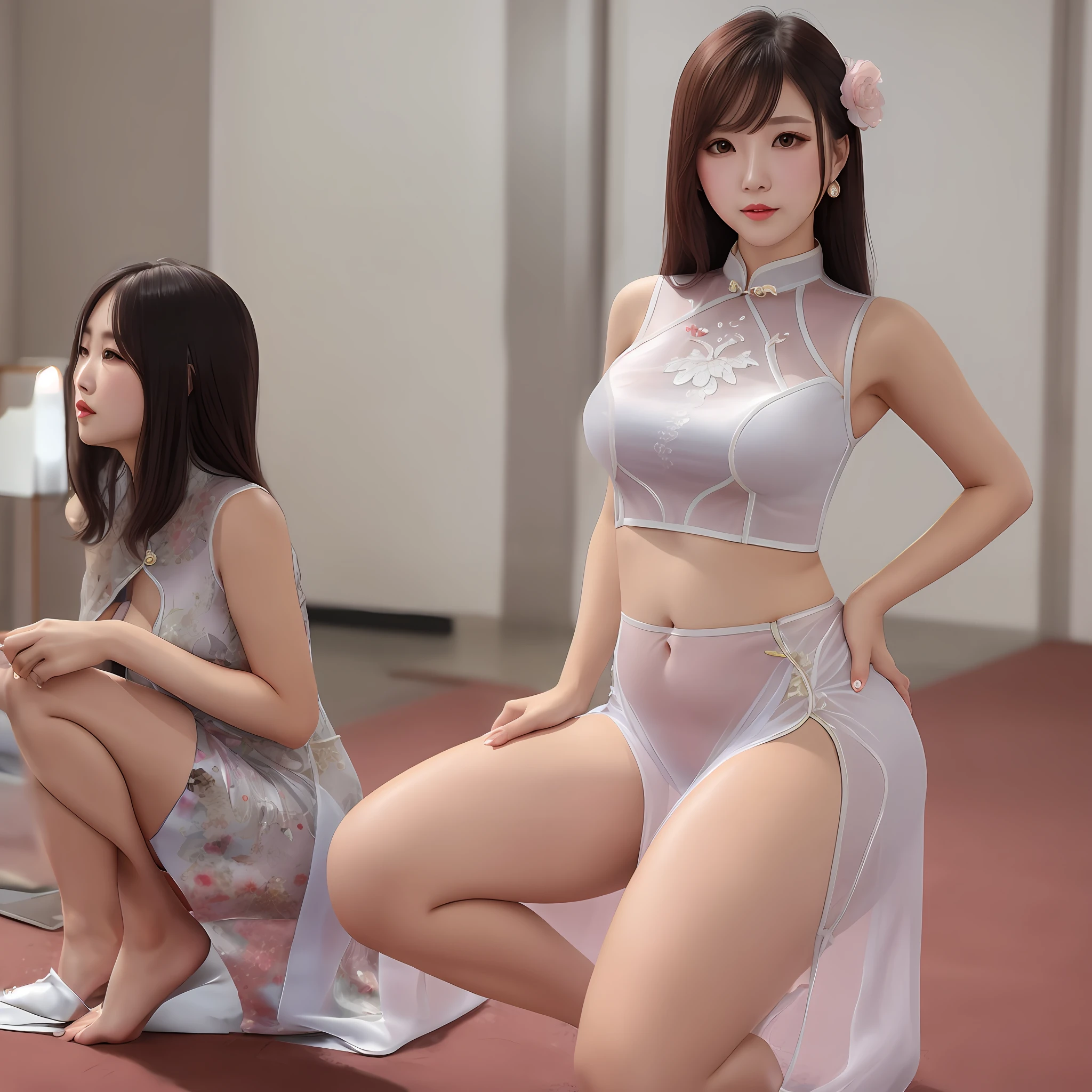 The female body is hot，full bodyesbian，Transparent light gauze cheongsam，The cheongsam is split to the flank，long leges，Showing the belly，Stand or squat