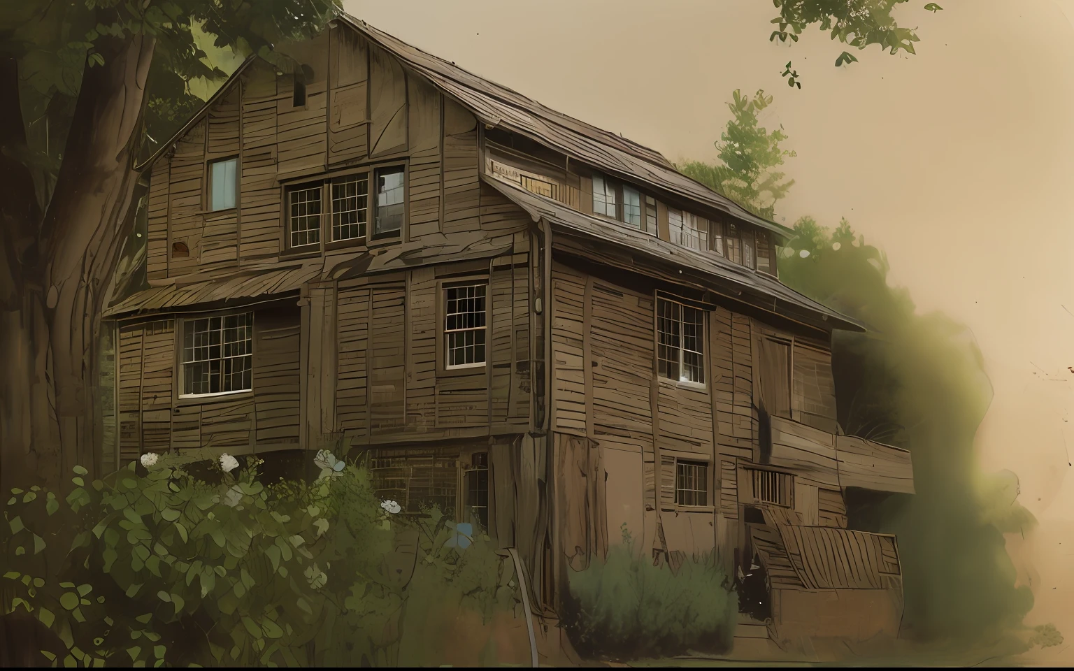 Turn into drawing, keeping the original features of the photo, such as the design of the windows, the roof, the woods, and the old truck parked in front