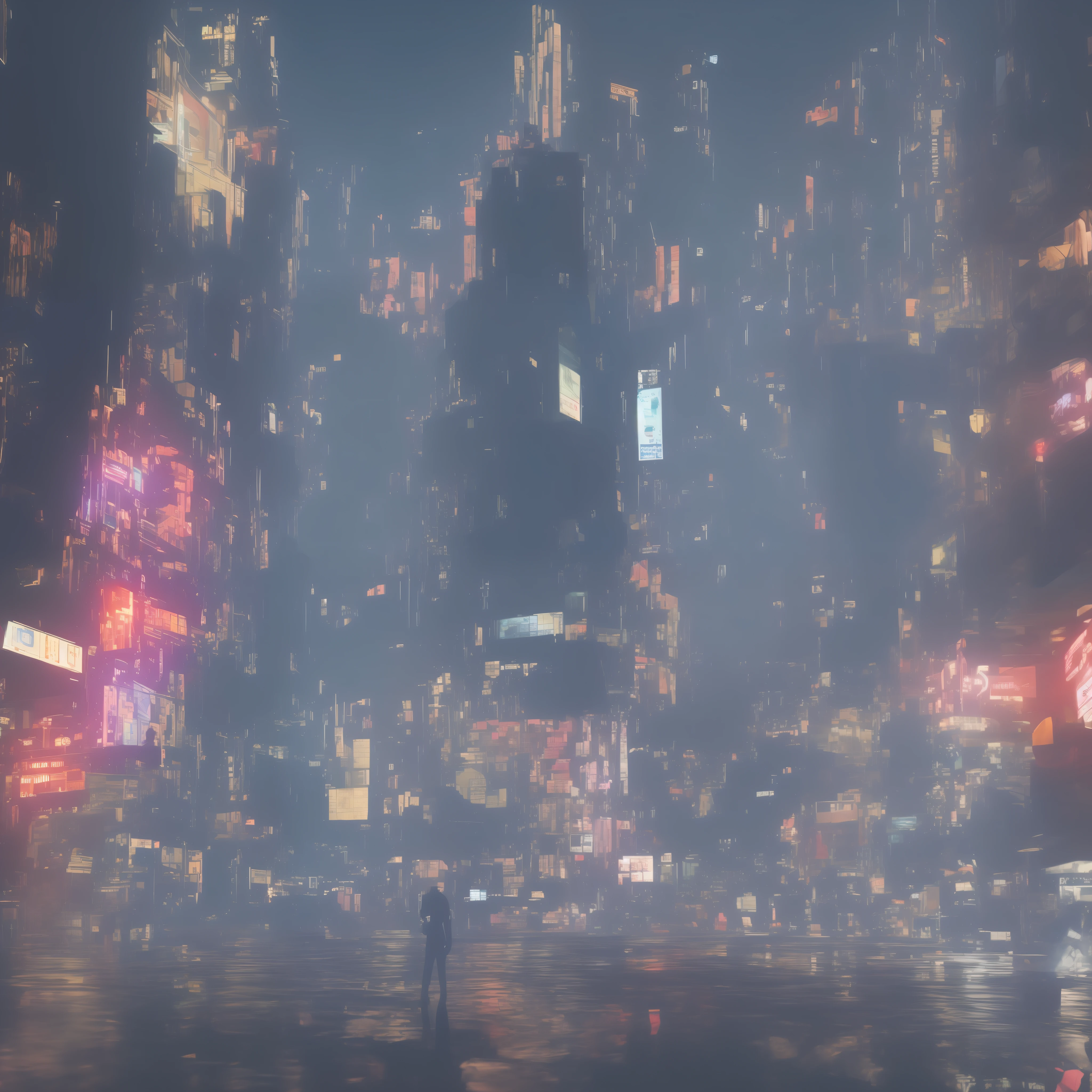 Cyberpunk is a futuristic cityscape,Bright lights and a background of heavy rain at night