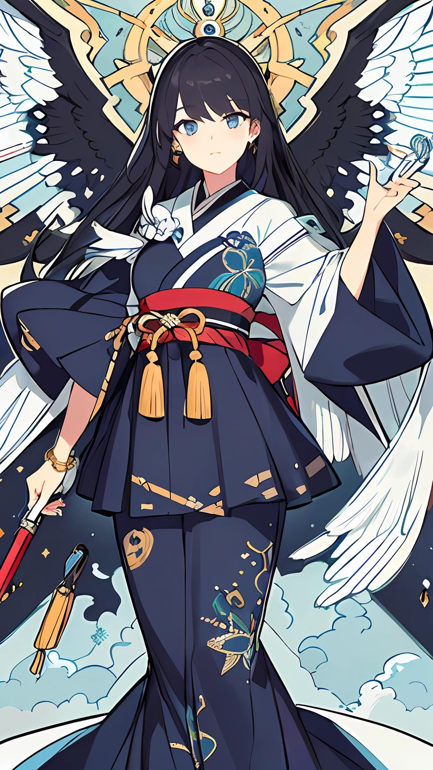 (((masterpiece))),(((bestquality))),((ultra-detailed)),(illustration),((anextremelydelicateandbeautiful)),dynamicangle,(beautifuldetailedeyes),(detailedlight) (1girl),  floating_hair,black hair,blueeyes, japanness dress, wings on her back