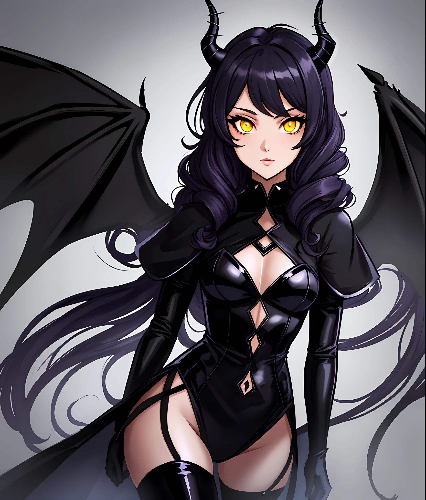 Bit Sniper Magical Transformation Girl, Black costume, Curly hairstyle, glowing yellow eyes, bat-like black wings, black unicorn horn, masterpiece, best quality