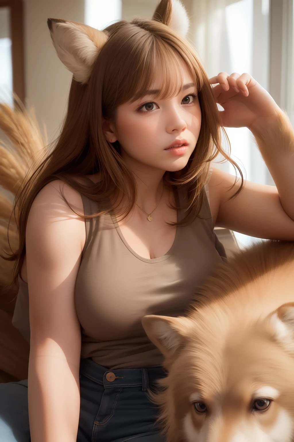 female pervert,rnlong hair,horse tailed,Handsome,Wheat-colored,Sporty