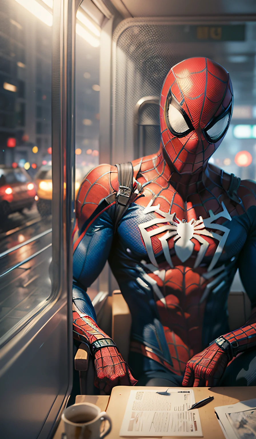 "((best quality)), ((masterpiece)), ((realistic)), Realistic, ultra-detailed portrait of Spider-Man sitting alone on a train during the night, in a cinematic environment, with atmospheric, low-key lighting, created in a high-definition, detailed digital painting on eye level, scenic, masterpiece