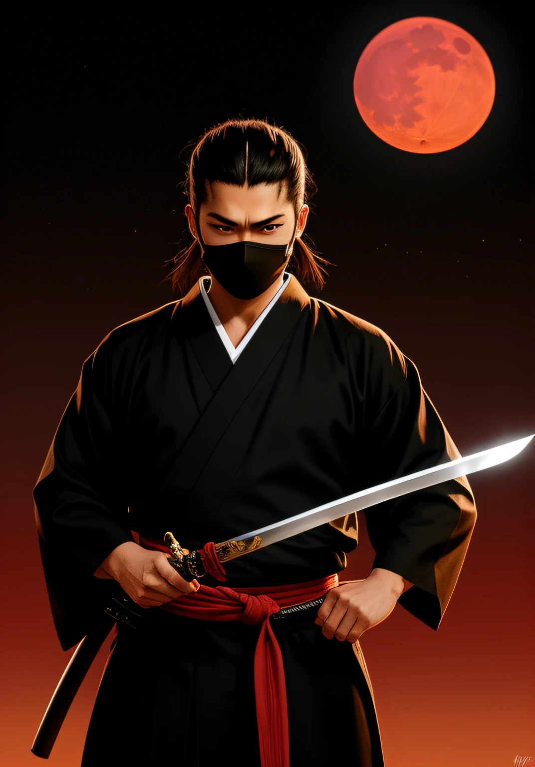 a ninja from feudal Japan holding a Katana sword in front of a red moon, samurai urbano, hymn game inspiration, Epic image, zen, inspirado por ESAO, protetor de tela impressionante, Grass blade, sombra suave, ian callum, love of wisdom, clean graphic design, por Ruud Janssen, awesome character