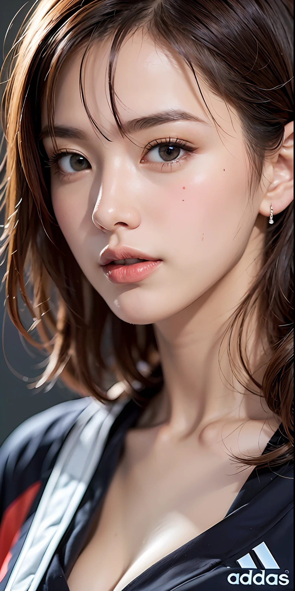 ​masterpiece、Top image quality、Detailed eyebrows、A detailed eye、Detailed nose、Detailed mouth、Beautiful fece、Bewitching、1人の女性、Shorthair、Too beautiful volleyball player、Adidas、Colossal tits、Japan、Gymnasium