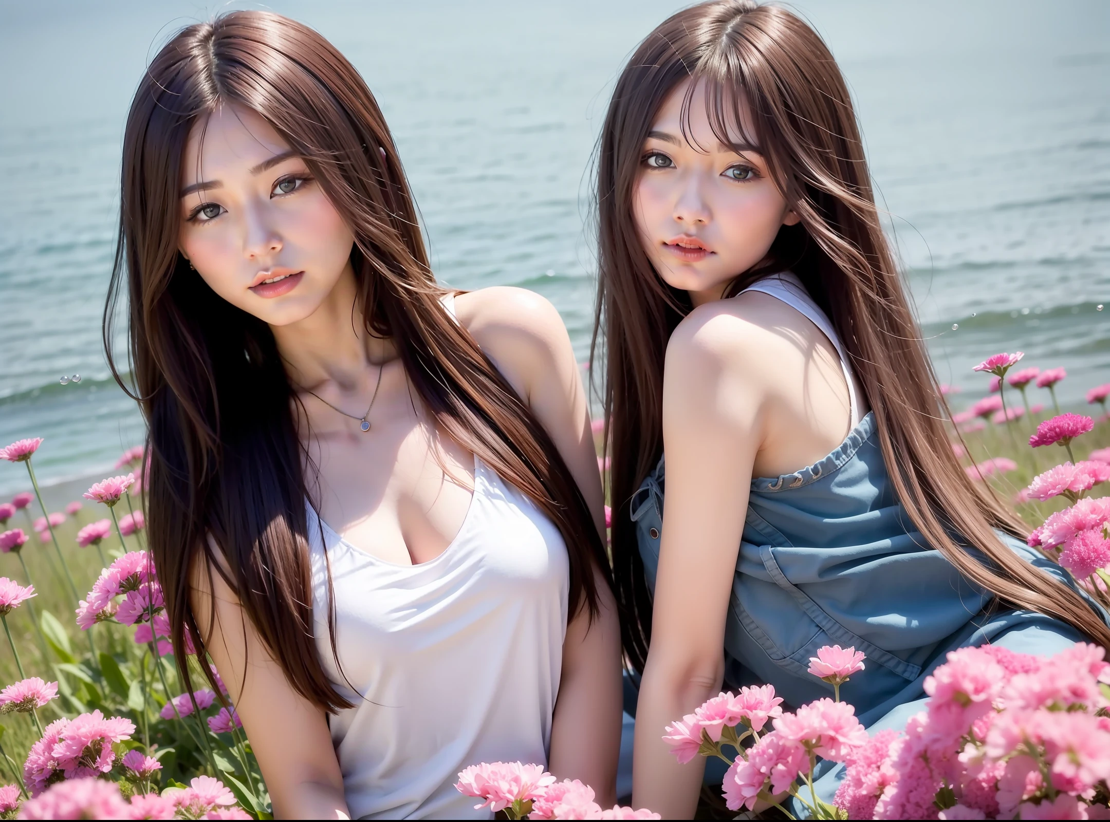 Beautuful Women,rnlong hair,flower sea,k hd