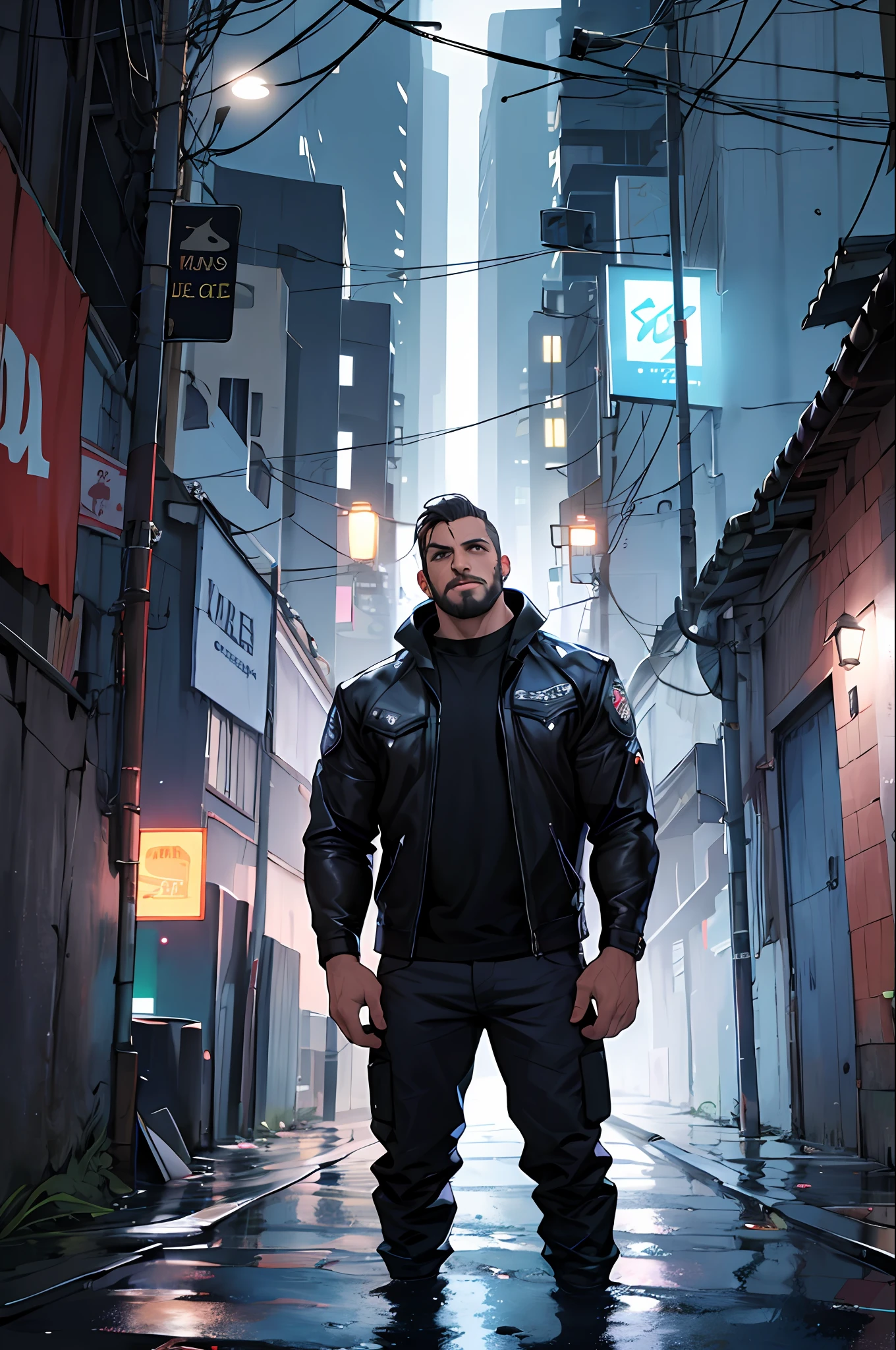 1 homem, obra-prima, melhor qualidade, quarenta anos, moto,harley davidson, plano de fundo beco, chuva, tempestade, corpo inteiro, facial hair, homem musculoso, beco escuro, neblina, envelhecido, casaco preto, beco, luz da lua,  eight heads tall, escuro, estrada, homem, chuva,