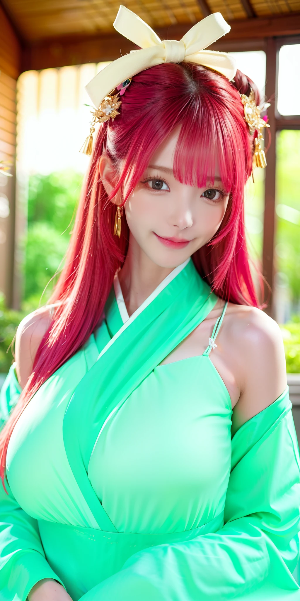 (8k, 4k, best quality, highres:1.2), (maasterpiece, realistic, photo realistic:1.37), 1girl, solo, beautiful face, eyelashes, nose, glossy lips, (detailed eyes, looking at viewer, fair skin, white skin:1.5), fine complexion, upper body,
large breasts, busty,,,
outdoor onsen,
two side up, absurdly long hair, blonde hair, pink hair, bangs, hair ornament, bow,
younger, aged down,
